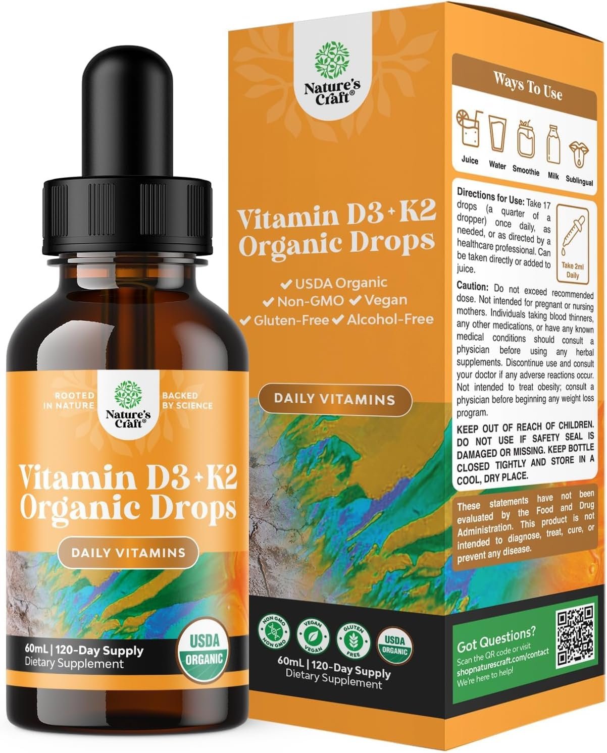 Vitamin D3 K2 Drops for Adults – Bone Health & Immune Support – 2Fl Oz