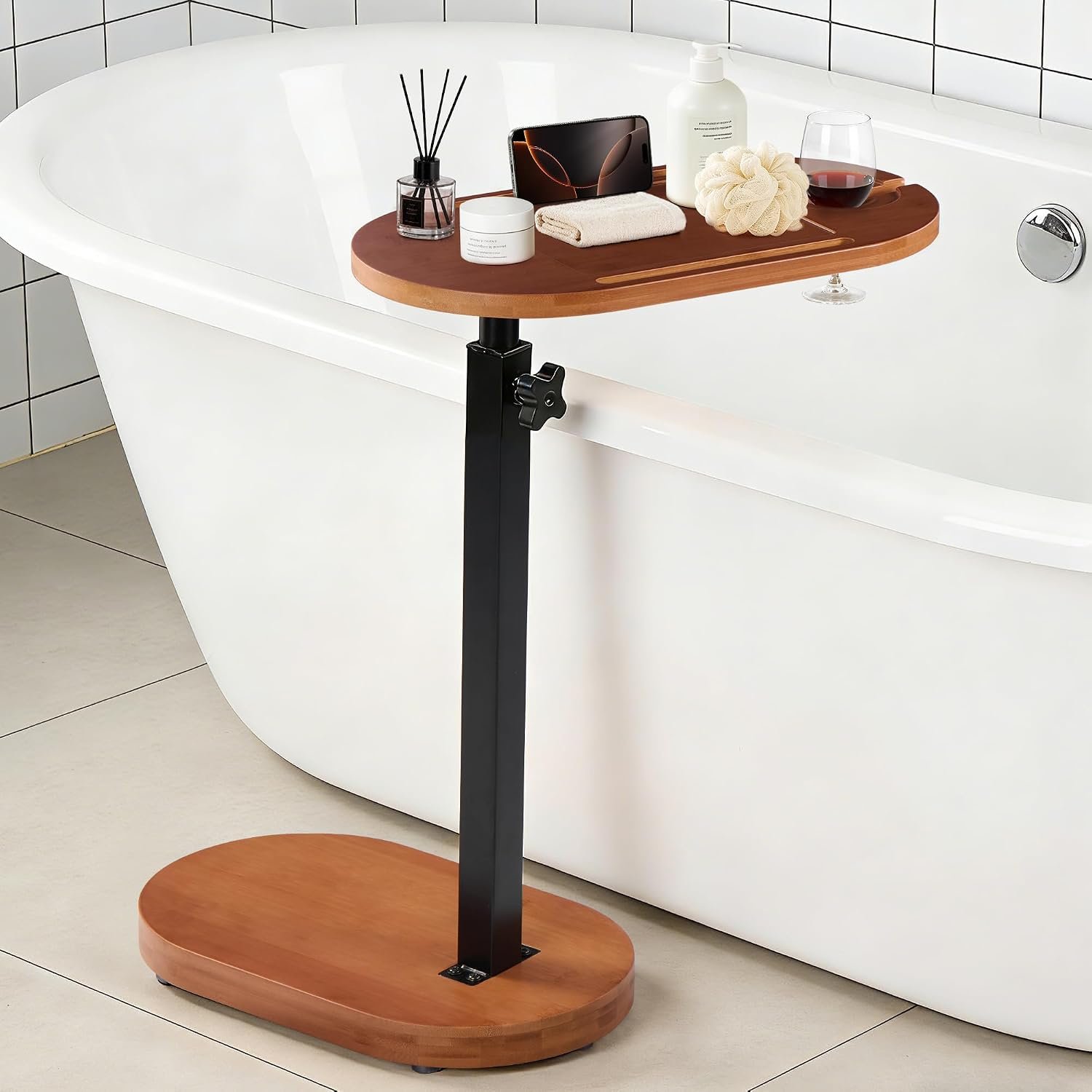 Bamboo Bathtub Side Table, Height Adjustable Bath Caddy Tray