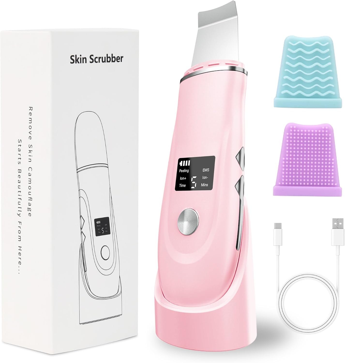 Face Scrubber Skin Spatula – Blackhead Remover Deep Cleansing Tool for Pore Extraction, 4-in-1 Fast Charging Dock Blackhead Remover Face Spatula for Facial Skincare Women Gift (Pink)