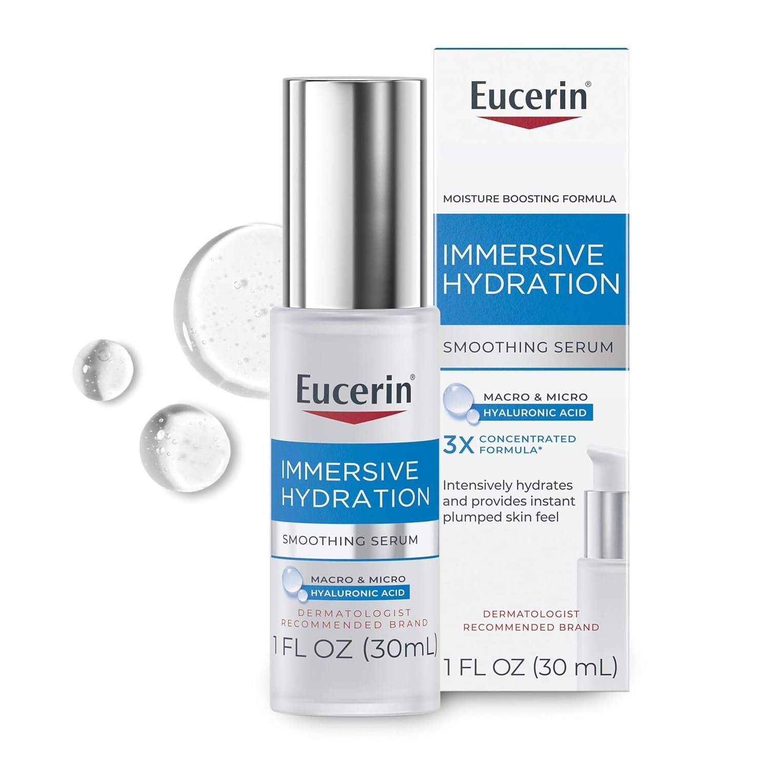 Eucerin Immersive Hydration Smoothing Face Serum, Ultra-Lightweight Hyaluronic Acid Serum Reduces the Look of Fine Lines and Wrinkles, 1 Fl Oz Bottle