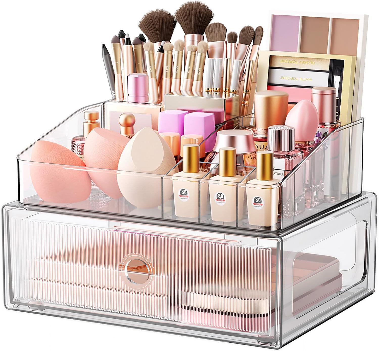 2 Tier Clear Makeup Organizer with Drawer, PET Cosmetic Storage for Dresser, Countertop & Bathroom Vanity, Holders for Lipstick, Brushes, Skincare & Beauty Supplies