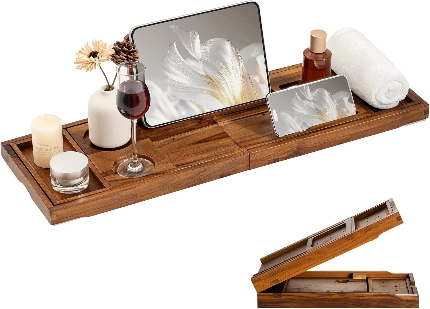 Teak Bathtub Tray for Tub, Expandable Bath Tray 28–40in, Foldable Bathtub Caddy with Wine Glass Holder, Phone & Book Stand, Wooden Bath Tray Organizer, Luxury Bathroom Accessories Gift – Light Walnut