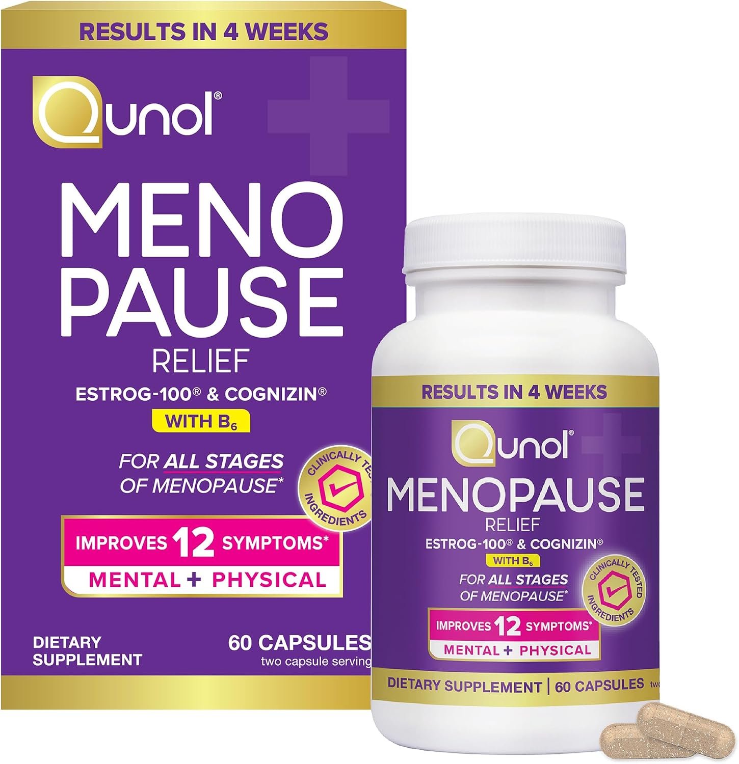 Qunol Menopause Relief +B6 Capsules, Peri to Post, Results in 4 Weeks, 60ct