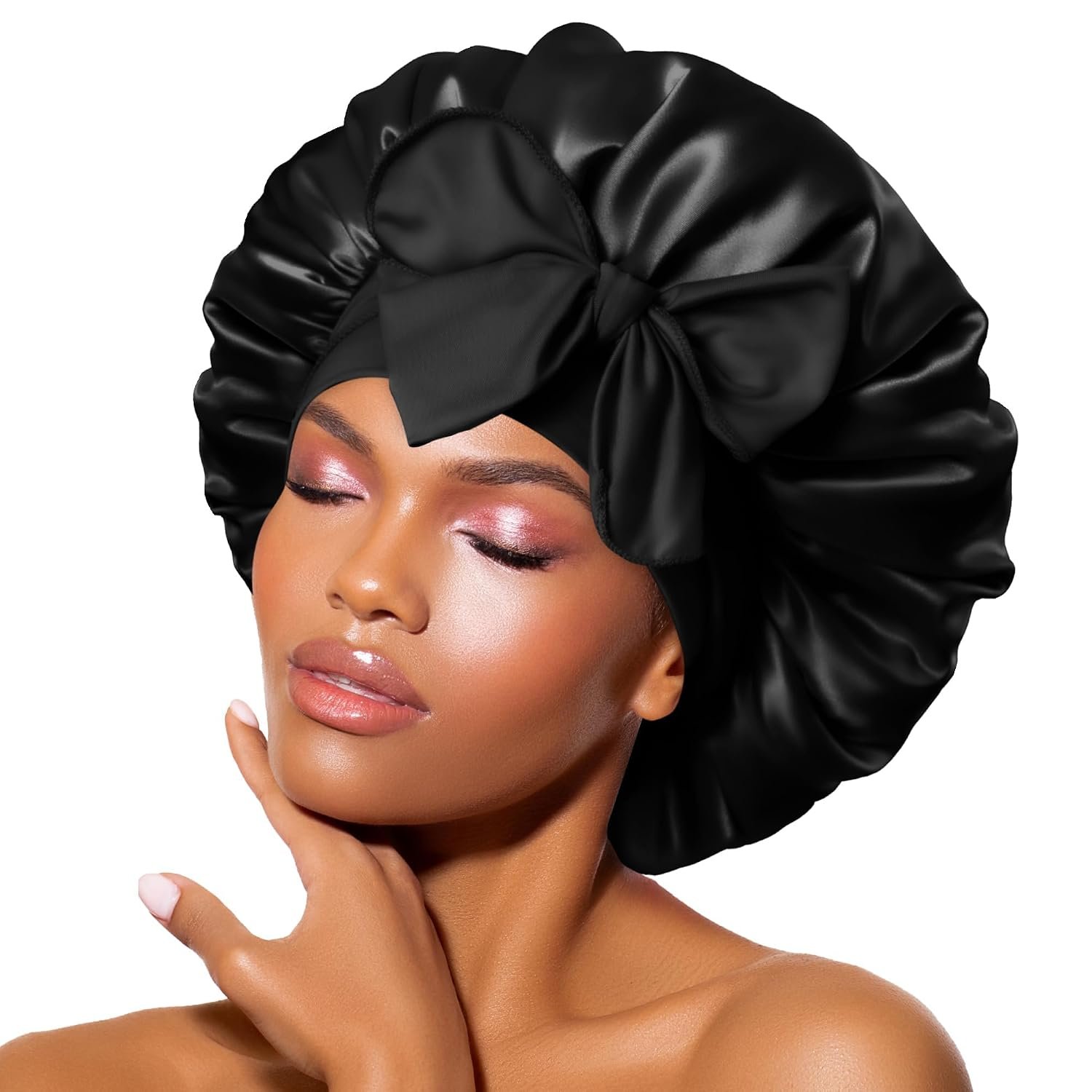 BONNET QUEEN Double Layer Silk Bonnet for Sleeping for Women Satin Lined Bonnet Night Cap for Curly Hair with Tie Band, Black