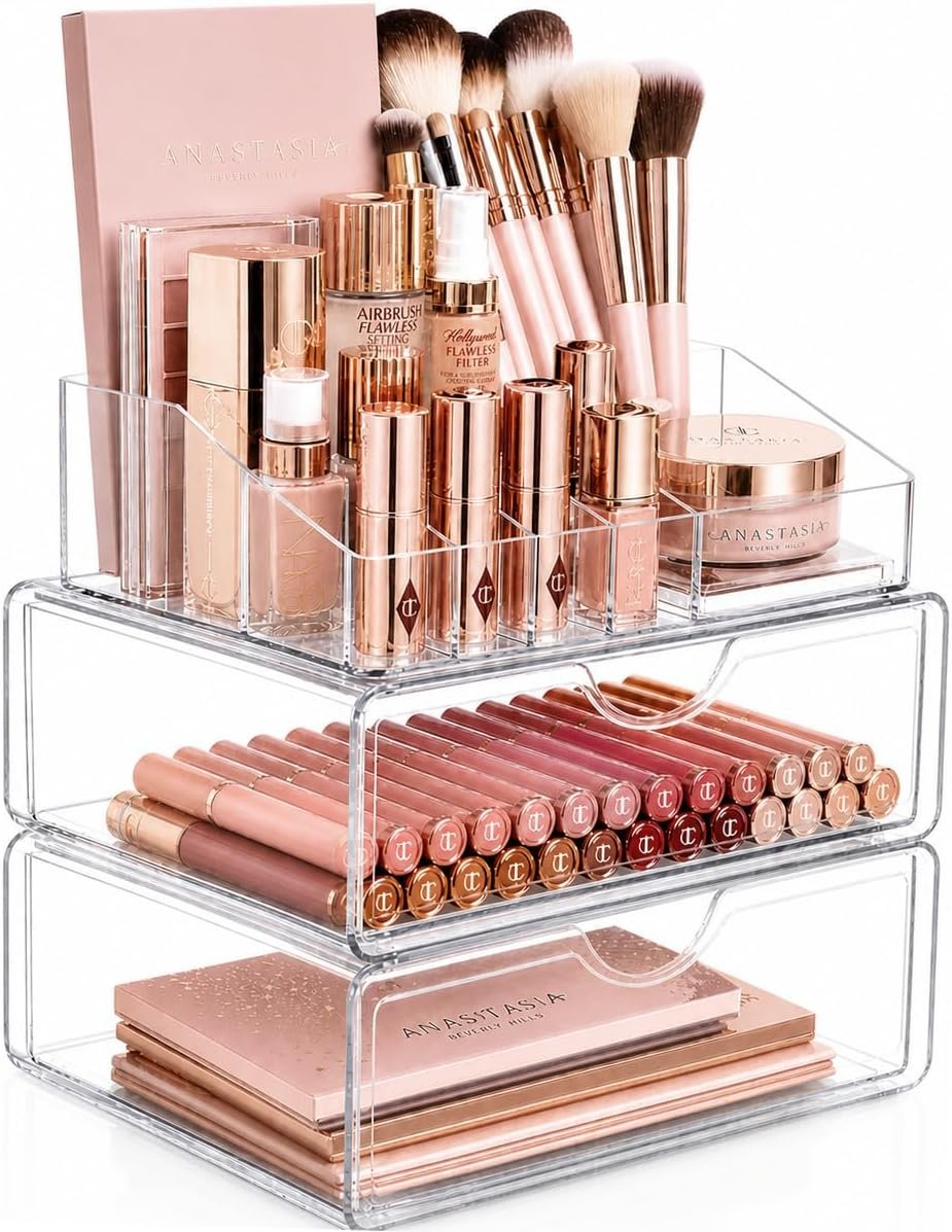 Masirs Clear Acrylic Makeup Organizer with Drawers – Cosmetic Vanity Storage for Skincare, Hair Accessories, Jewelry, Perfume – Durable Countertop Bathroom Organizer