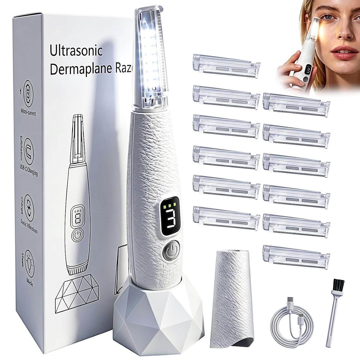 Sonic Dermaplane Razor for Women Face 12 Refill Blades