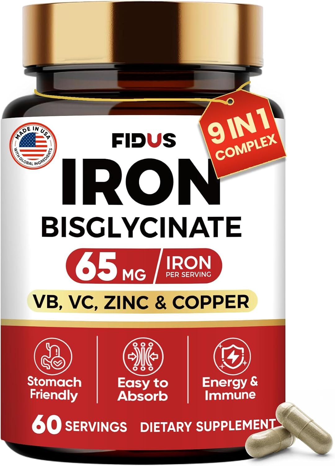 Iron Supplement for Women, 65mg Iron (Ferrous Bisglycinate 350mg), 60 Days