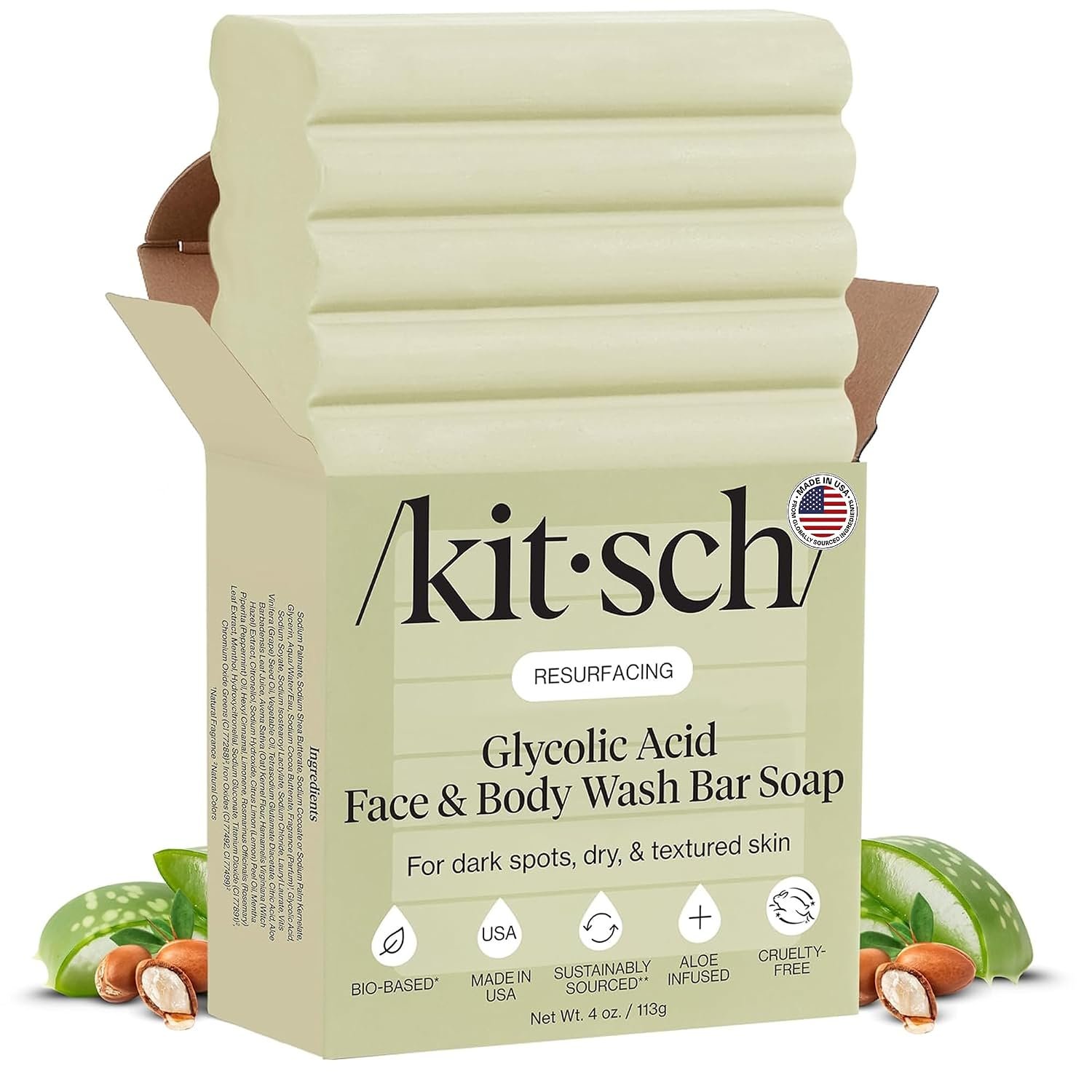 Kitsch Glycolic Acid Face Wash & Body Wash Bar with Shea Butter – 4 oz