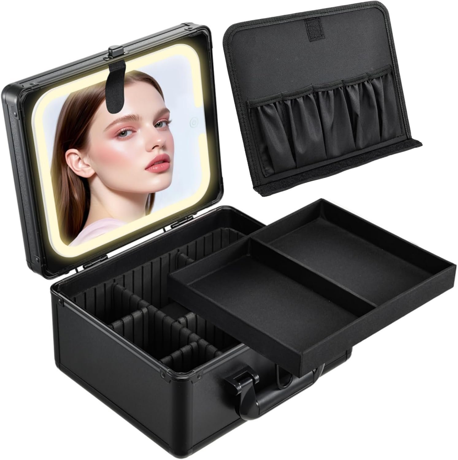 Faquenc Makeup Case with Lighted Vanity Mirror, Makeup Organizer Box Travel Make up Case with LED Mirror Portable Cosmetic Train Case for Countertop Lockable Makeup Suitcase with Adjustable Dividers