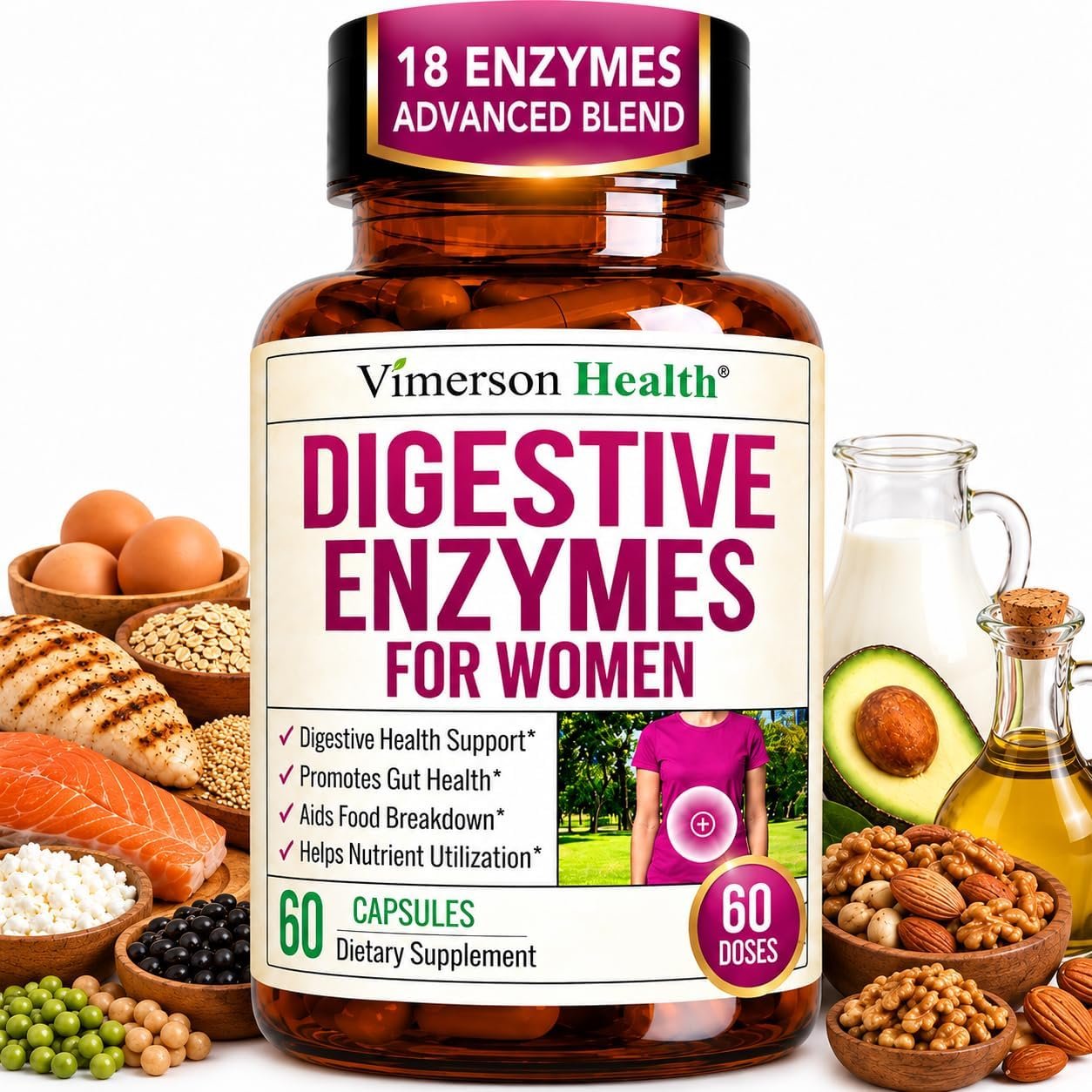 Digestive Enzymes for Women – 18 Plant Based Enzymes – Debloat & Bloating Relief w/Bromelain, Papain, Lactase & Amylase – Aids Protein, Dairy, Fiber & Carb Digestion + Gut Health 60 Veggie Caps