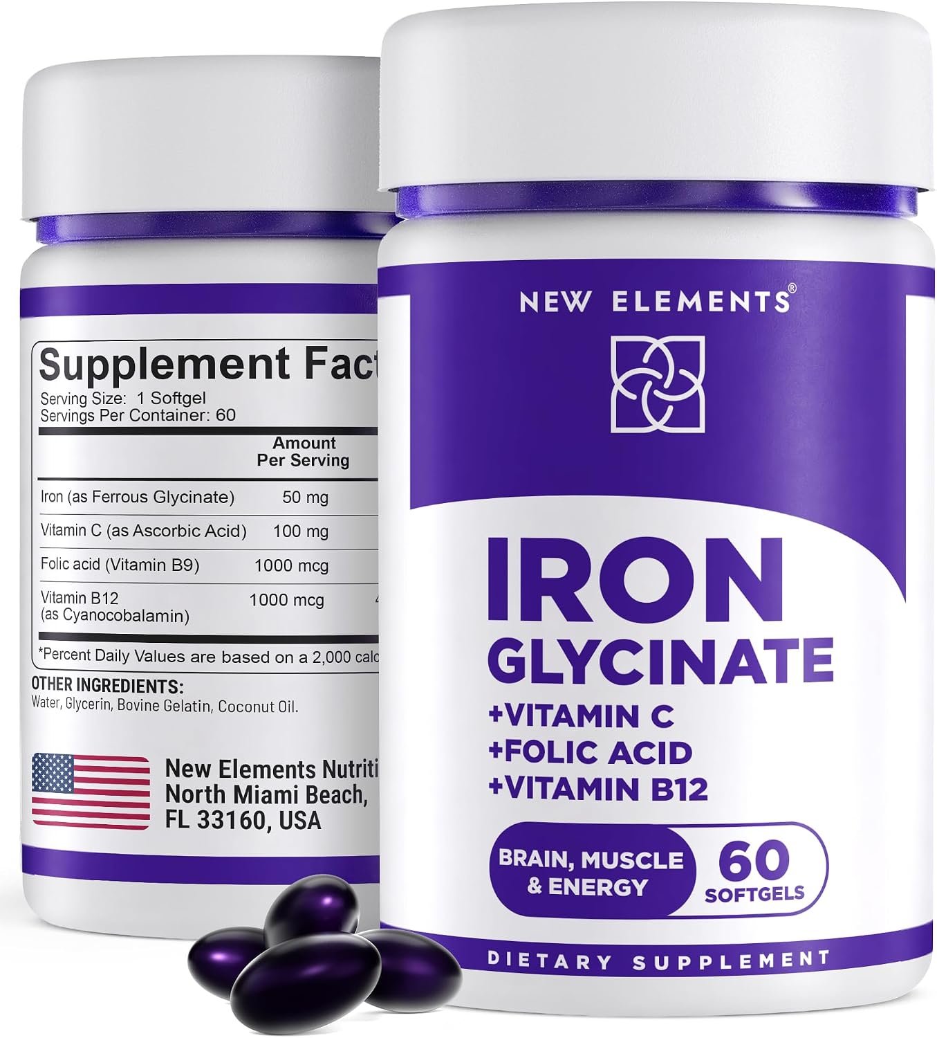 Iron Supplement for Women & Men | Iron Glycinate 50mg + Vitamin C, Folic Acid 1000mcg, Vitamin B12 | Anemia Relief, Energy Boost & Immune Support | Gentle on Stomach, Fast Absorption | 60 Softgels