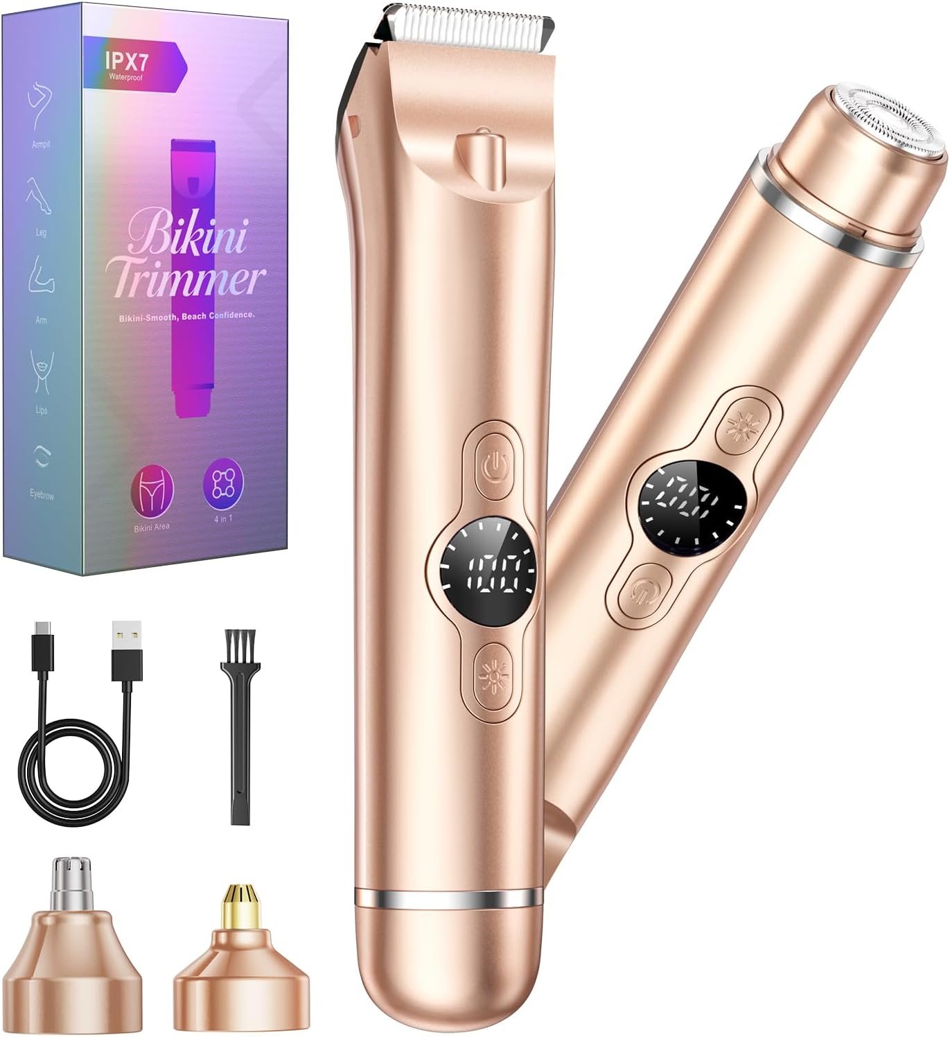 Bikini Trimmer for Women, 4 in 1 Electric Razors for Women – Dual Head, Wet & Dry Use Pubic Body Hair Trimmer Electric Shavers, Rechargeable Womens Facial Razors for Legs, Nose, Armpits, Bikini Area