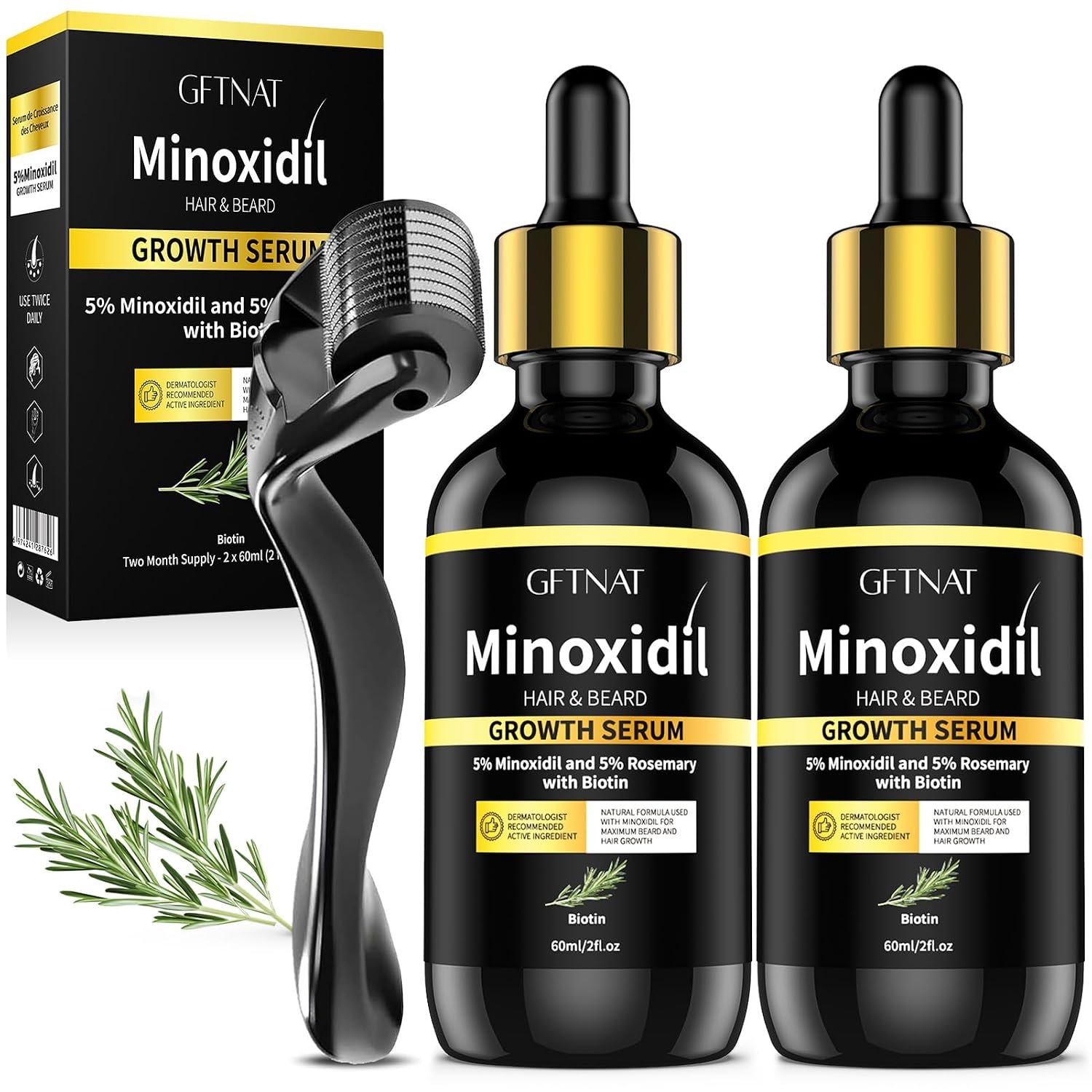 5% Minoxidil for Women Hair Growth Serum with Biotin & Rosemary – Extra Strength 5% Minoxidil for Men Thinning Hair Regrowth Treatment and Beard Growth Kit 2.0 Fl Oz (Pack of 2)