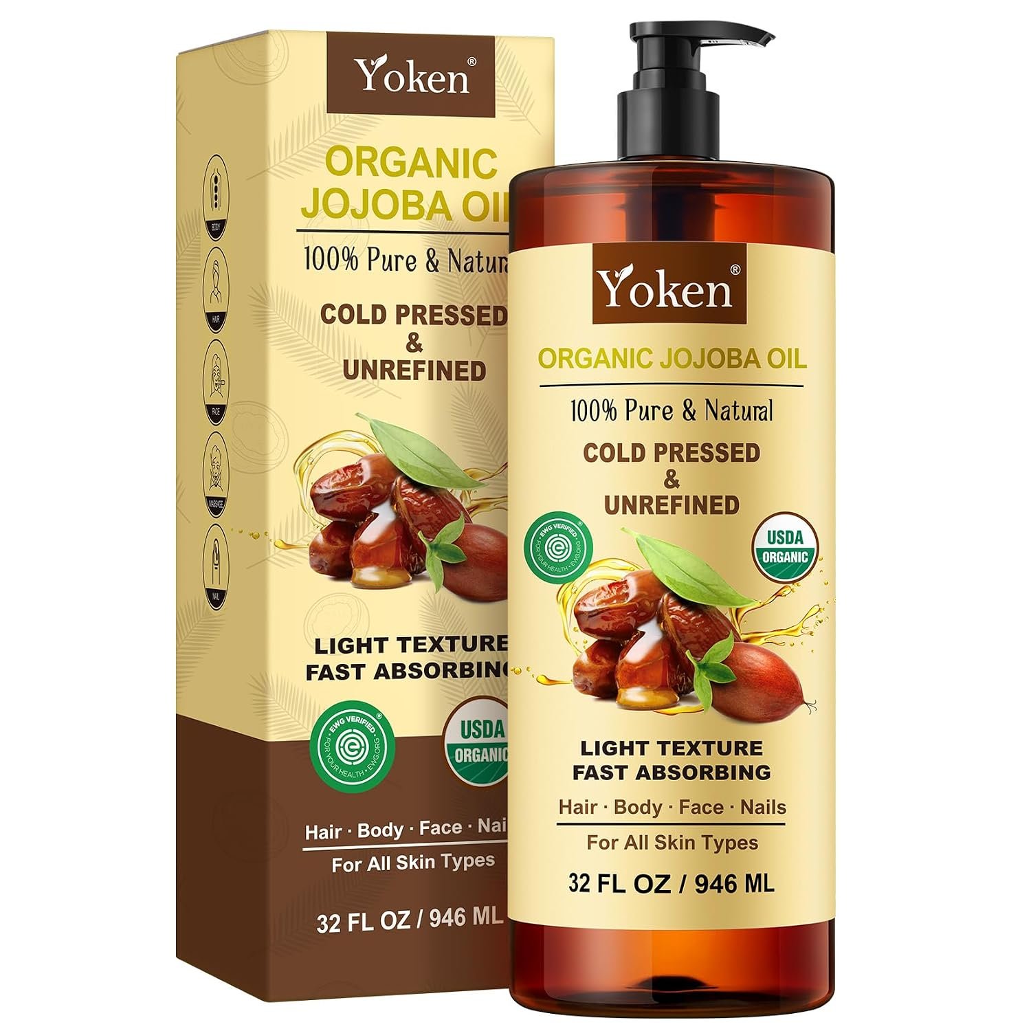 Yoken 32 fl oz (EWG Verified) 100% Pure Jojoba Carrier Oil – Unrefined, Hexane-Free, Cold Pressed for Skin, Face, Hair, Nails, and Massage