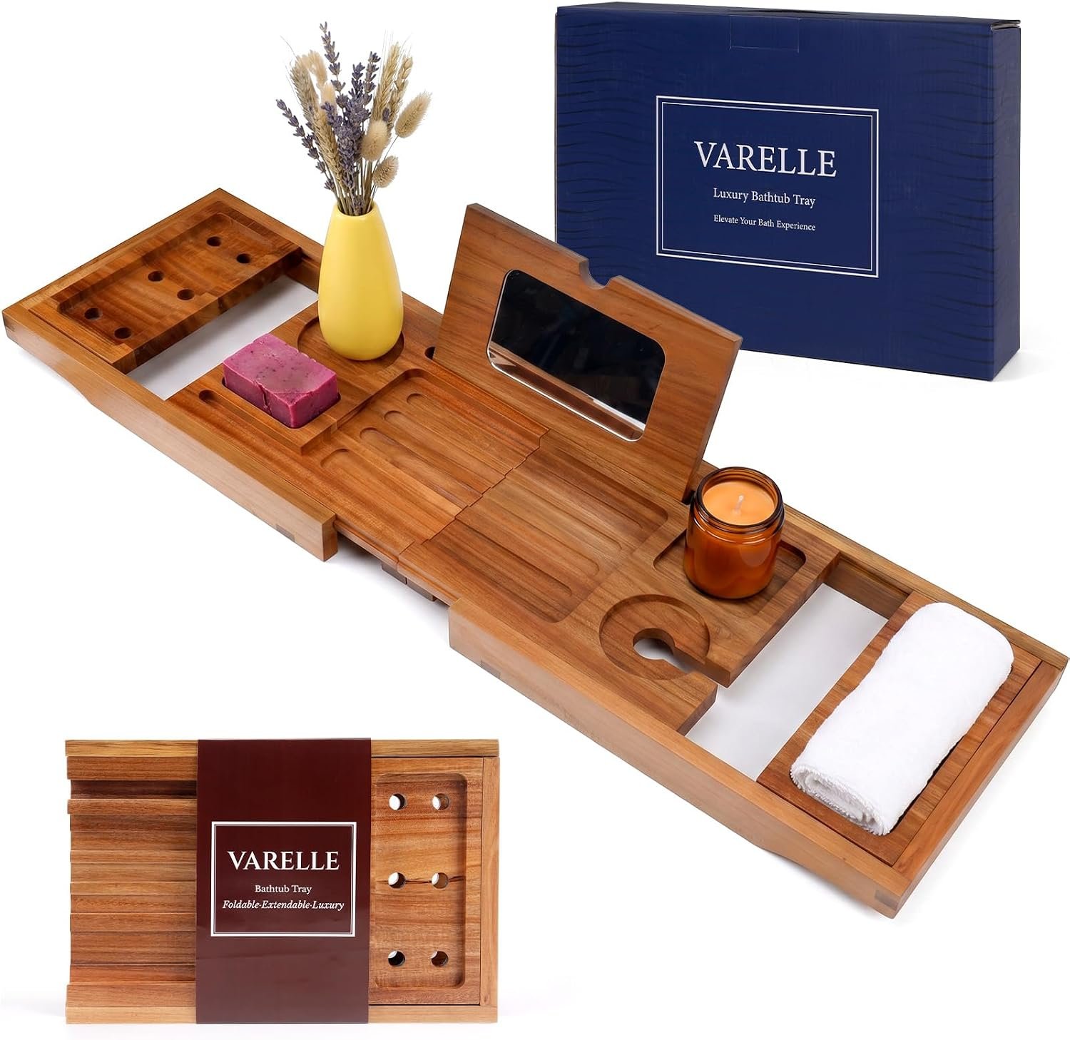Acacia Bathtub Tray, Foldable & Extendable Bath Caddy with Non-Slip Design, Space-Saving Adjustable Bathtub Shelf for Book, Wine, Tablet, Spa Gift for Women Men