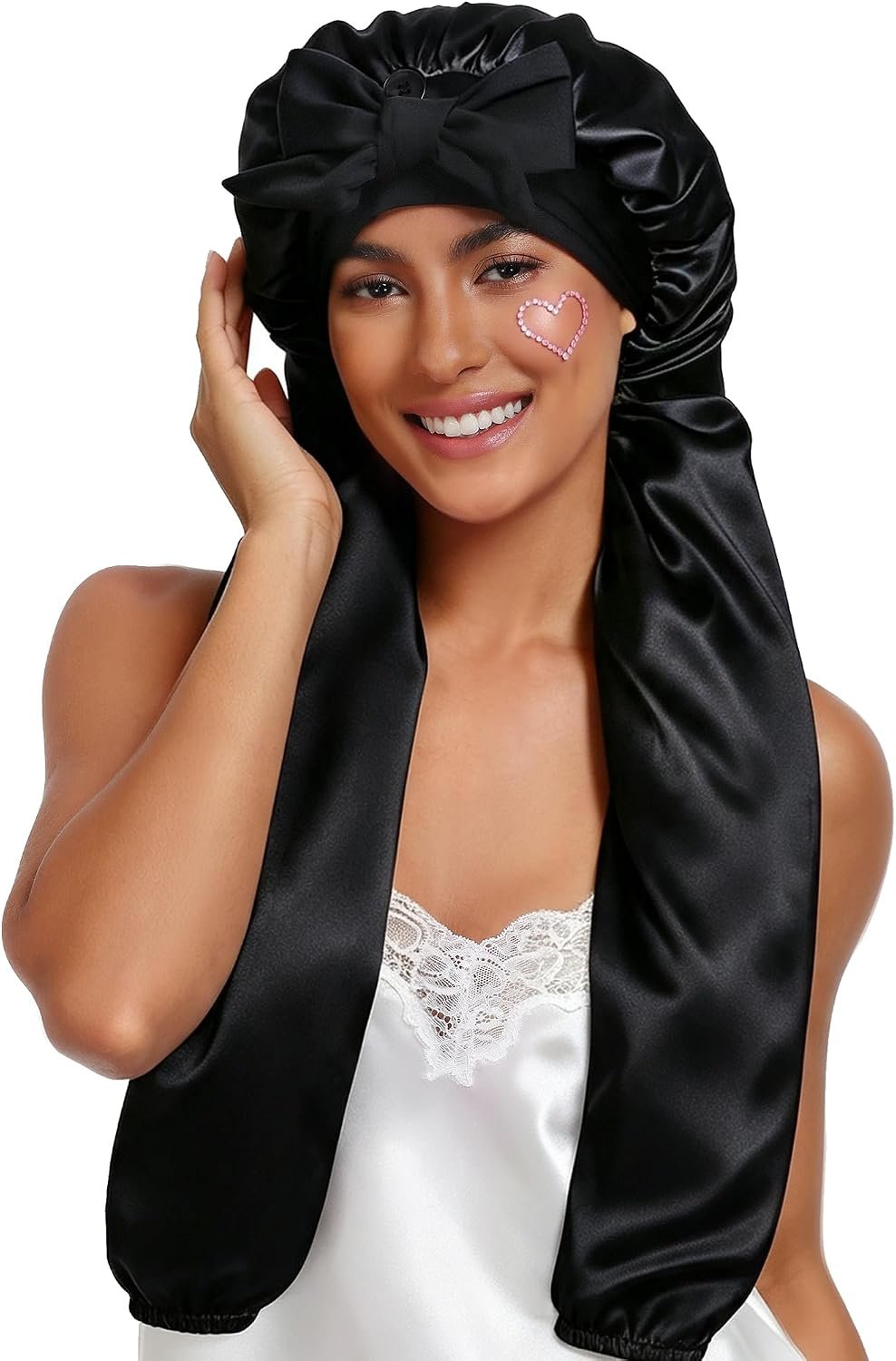 Ababalaya Double Layer Long Satin Silk Feeling Bonnet for Women Sleep Cap