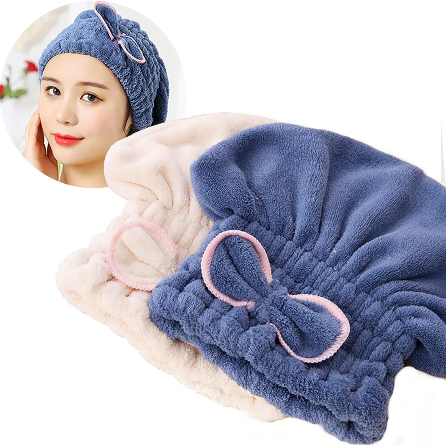 Jseng 2PC Microfiber Hair Drying Caps, Extrame Soft & Ultra Absorbent, Fast Drying Hair Turban Wrap Towels Shower Cap for Girls and Women