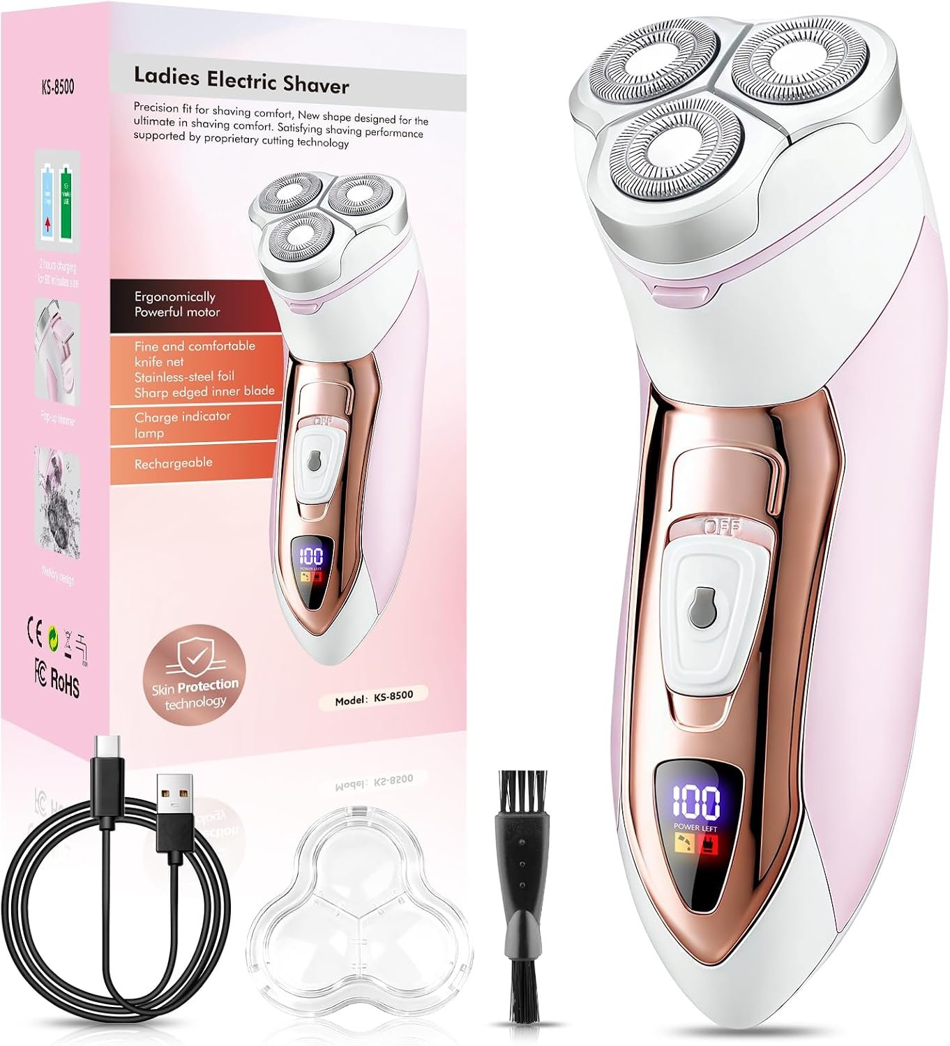 Electric Razors for Women, Rechargeable Painless Shaver for Women,LED Display Wet & Dry Waterproof Electric Razors for Body Face Legs Underarms and Bikini Area,Pop-Up Trimmer Light Pink