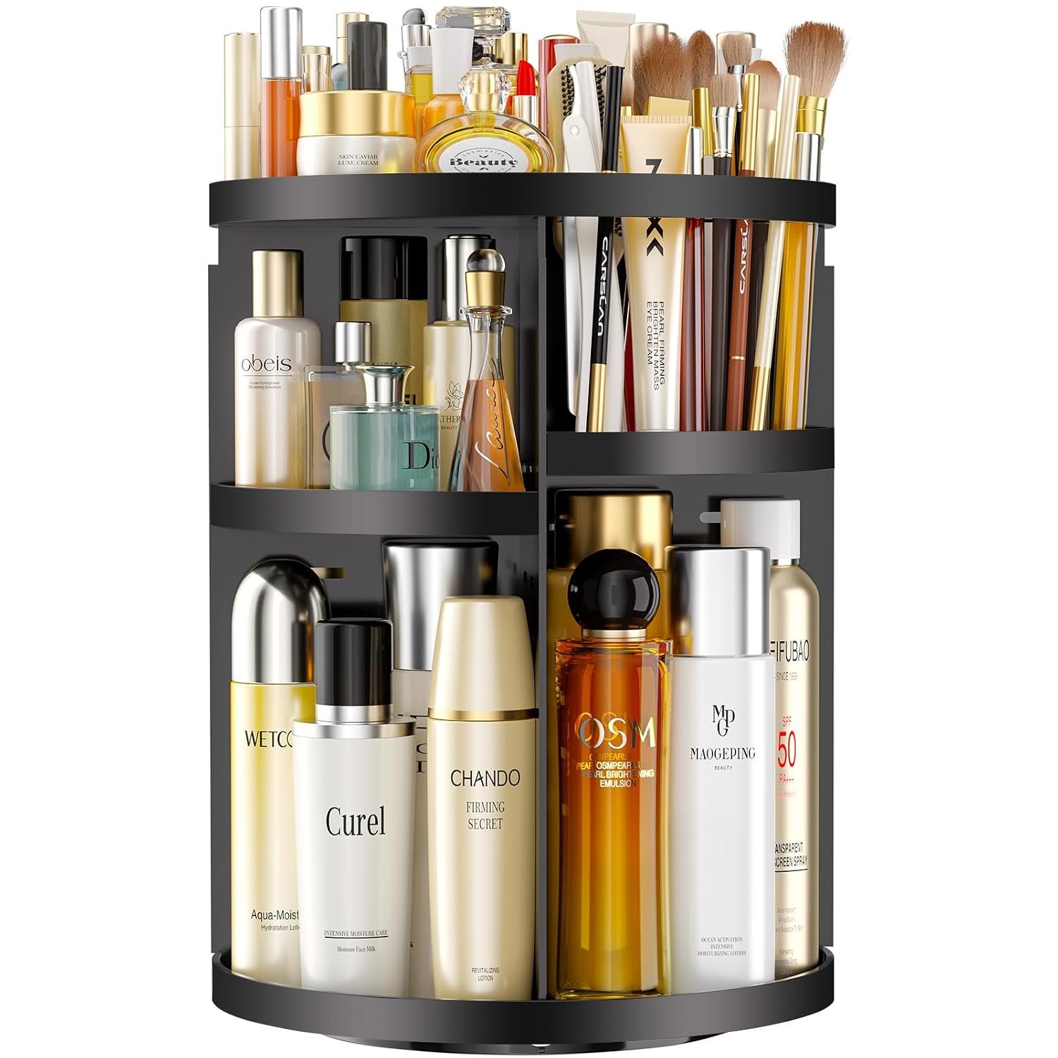 Makeup Organizer 360 rotating, Adjustable Skincare Organizers with Brush Holder, Cosmetics Display Cases for Vanity Bathroom Countertop Large Capacity Carousel Make up Caddy Shelf (Black)