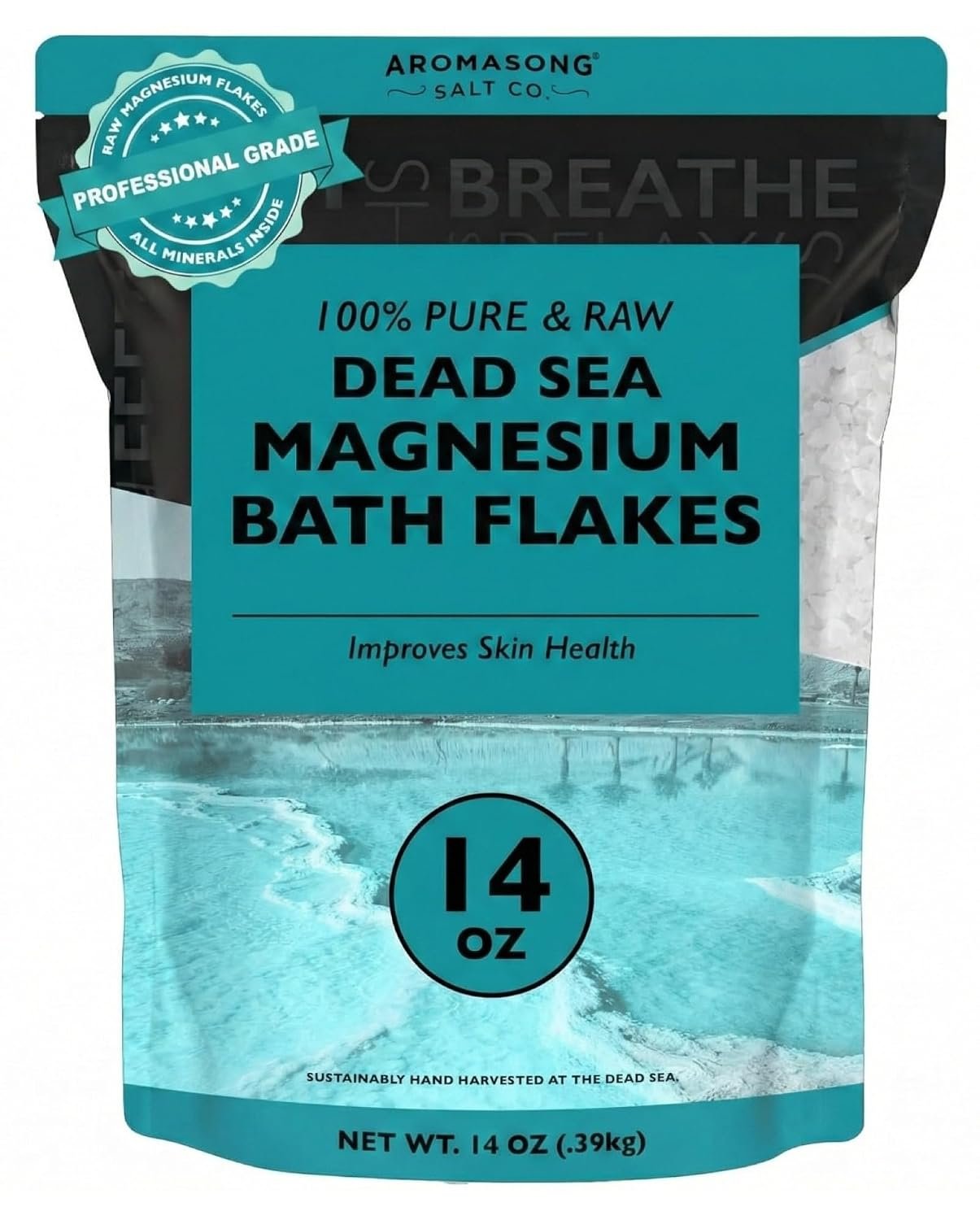 Aromasong Dead Sea Magnesium Flakes for Bath – 16,325 Mg Magnesium Chloride per Bath – Superior Alternative to Epsom Salt – Used as Muscle & Foot Soak – 14 oz Bag