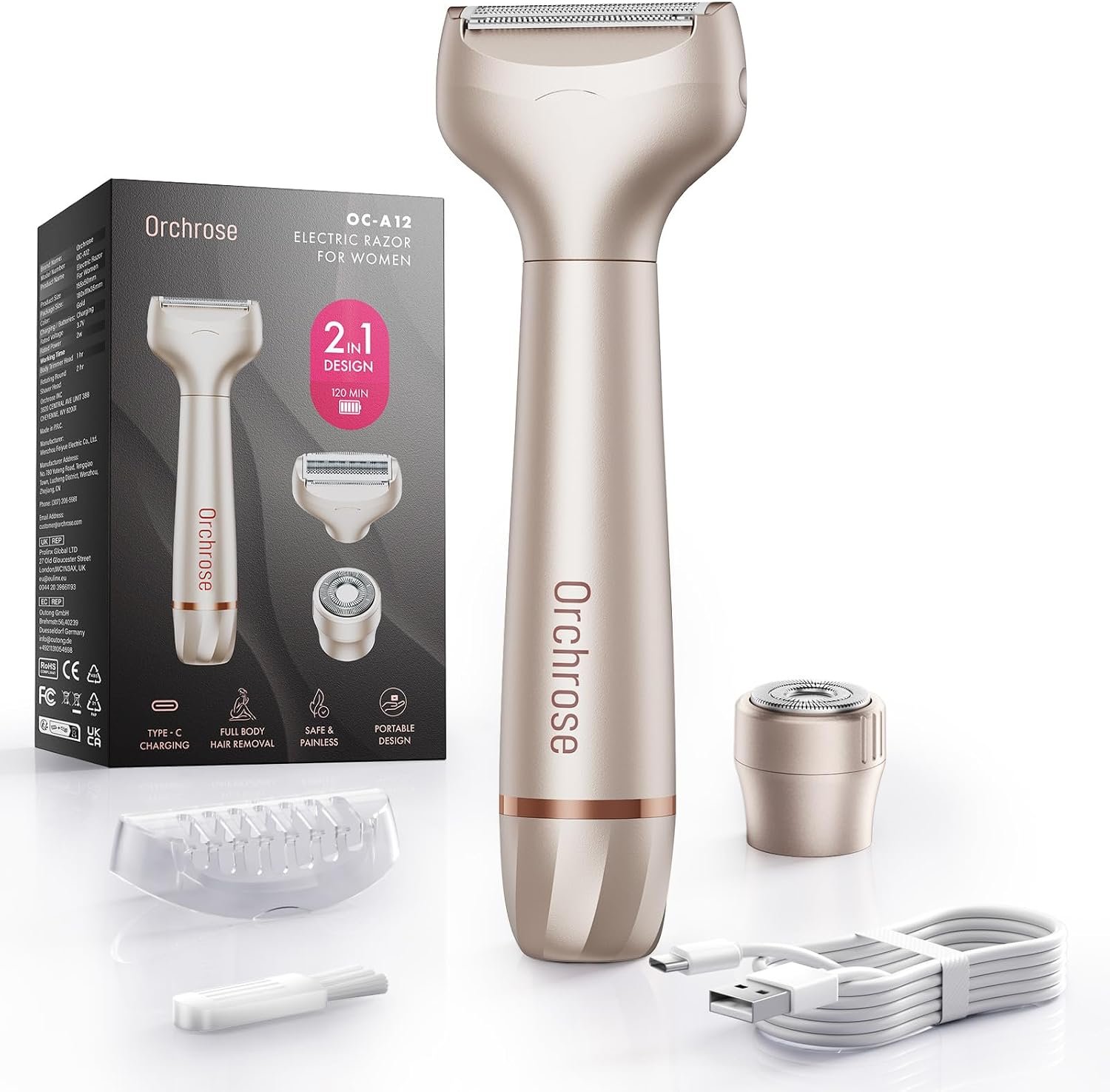 Orchrose Electric Razor for Women Rechargeable: 2-in-1 Electric Shaver for Face Legs Underarms Bikini Area – Facial Hair Remover with Smooth Shaving – Travel Lock Design (Champagne Gold)