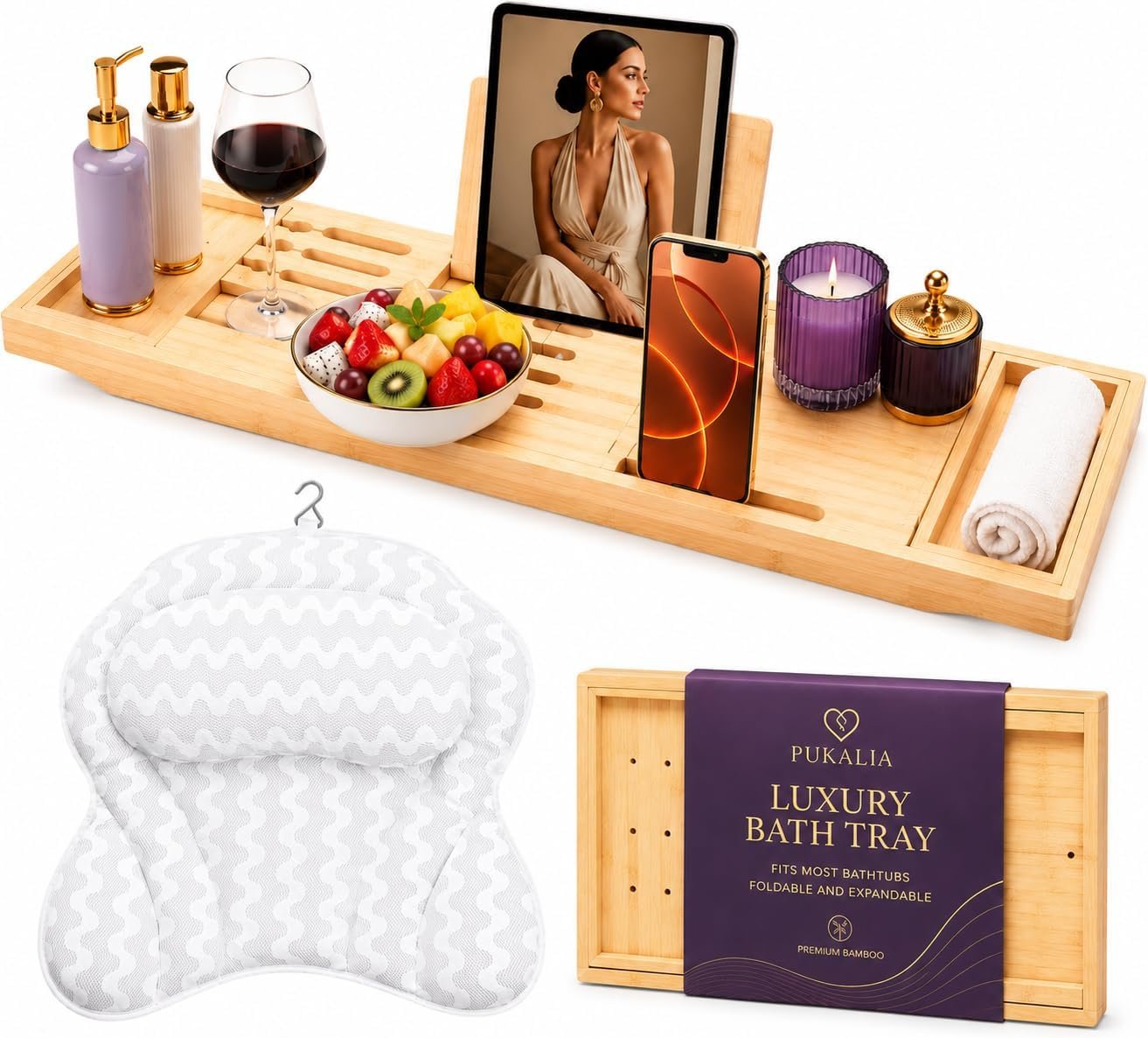 Bath Tray for Tub and Ergonomic Pillow Premium – Caddy Expandable 29 to 42.5 Inch -Foldable Bamboo Wood Tub Organizer – Luxury Bathtub Tray Wood Bamboo Natural