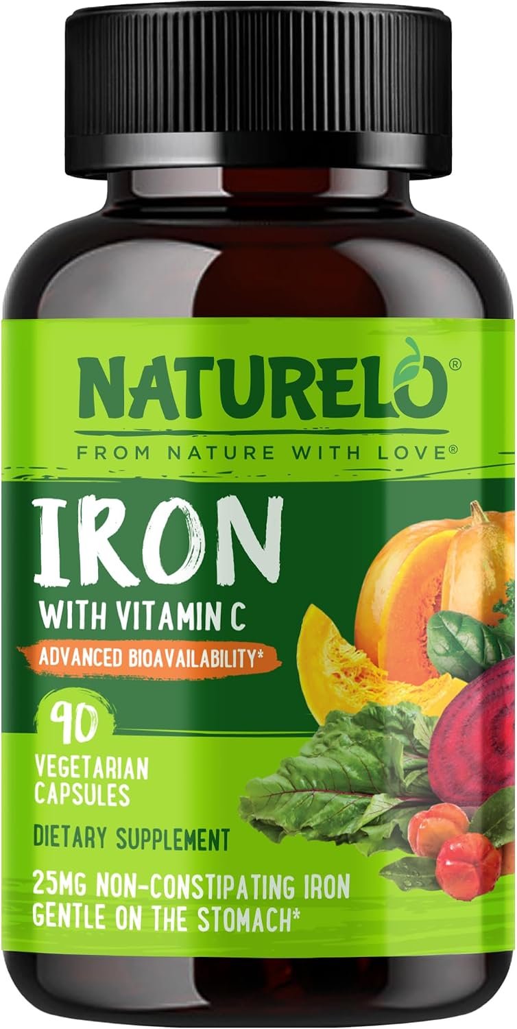 NATURELO Vegan Iron Supplement with Vitamin C & Organic Whole Foods, 90 Ct