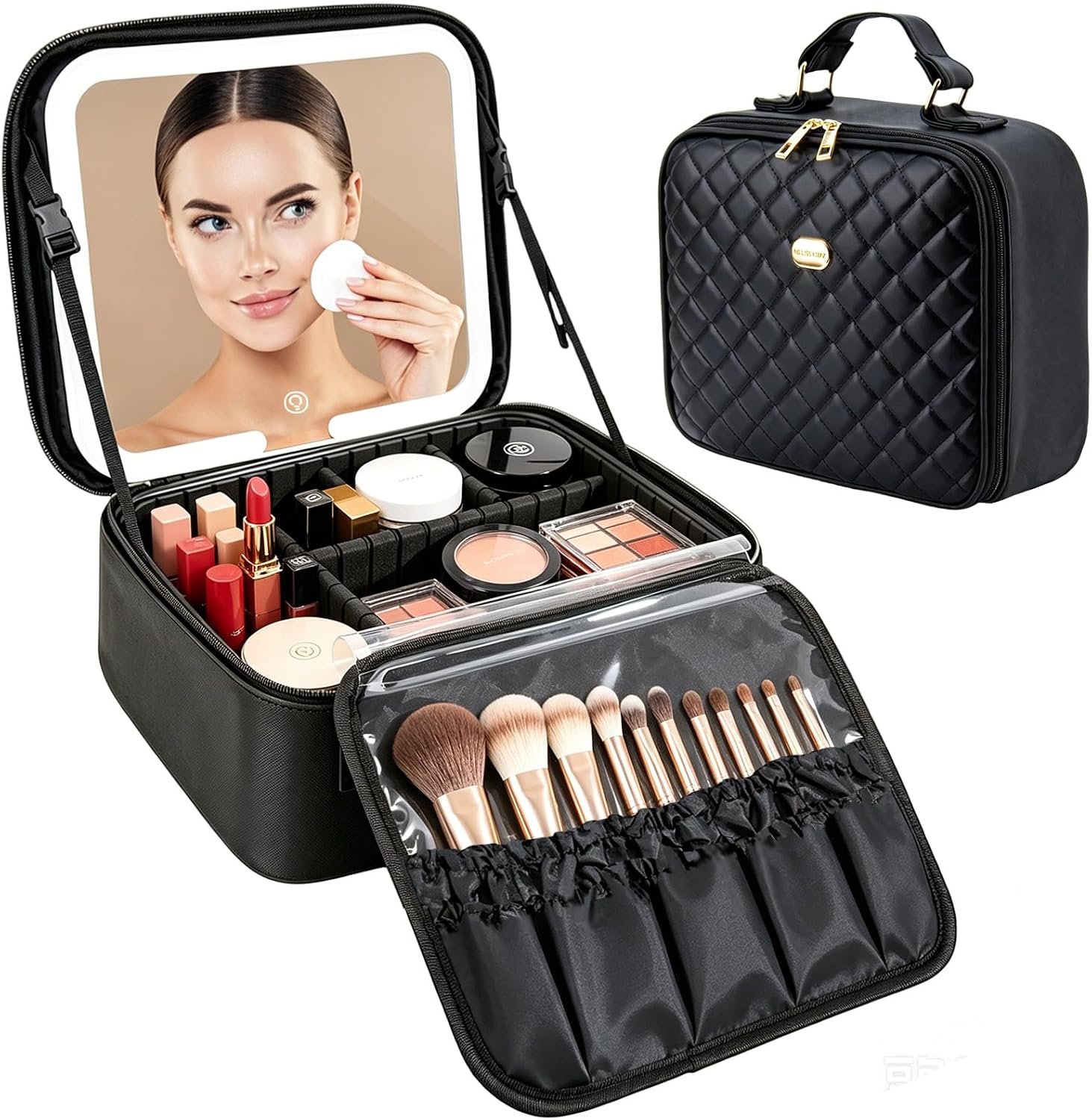 Travel Makeup Bag with LED Mirror, Travel Makeup Organizer，Three-level Adjustable Brightness, Makeup Bag with Removable Lighted Mirror, Adjustable Dividers and Brush Storage Board