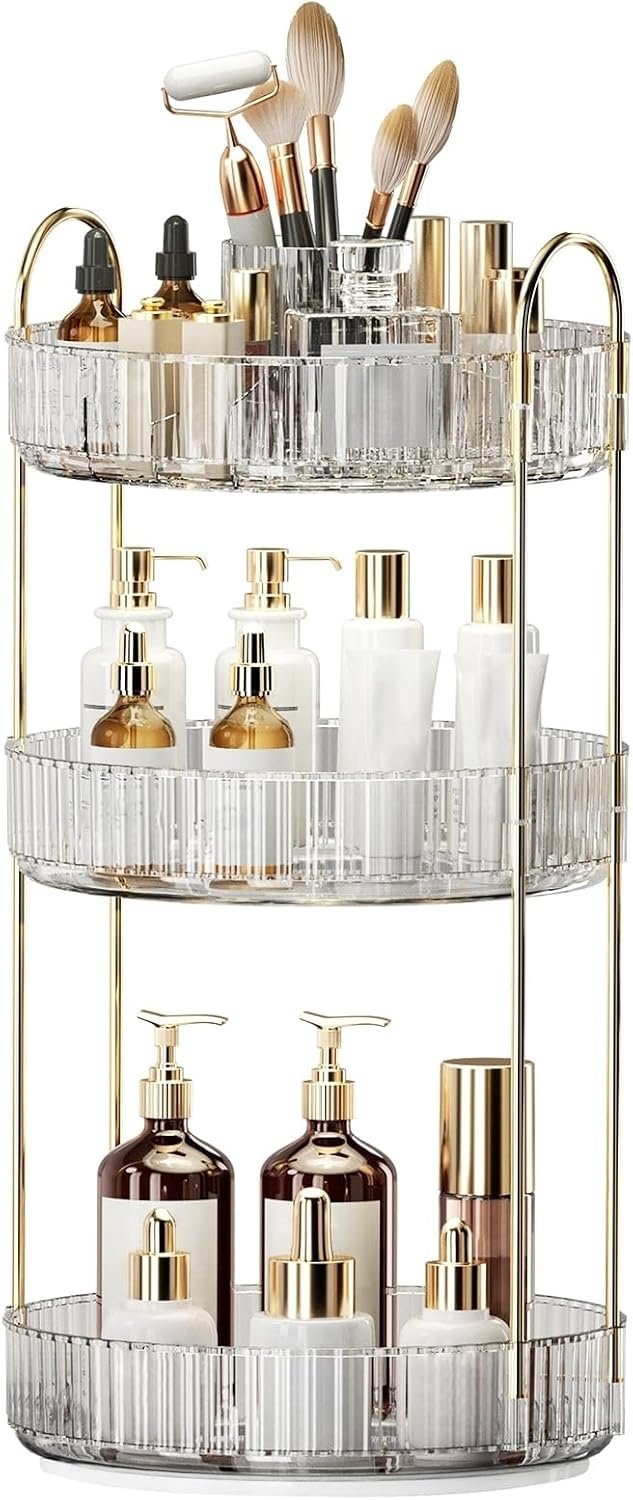 360° Rotating Makeup Organizer, Large-Capacity Skincare Make Up Storage 3 Tier Perfume Organizers Cosmetic Dresser Organizer with Makeup Brush Holder, Fits Bedroom, Bathroom, Vanity Shelf Countertop