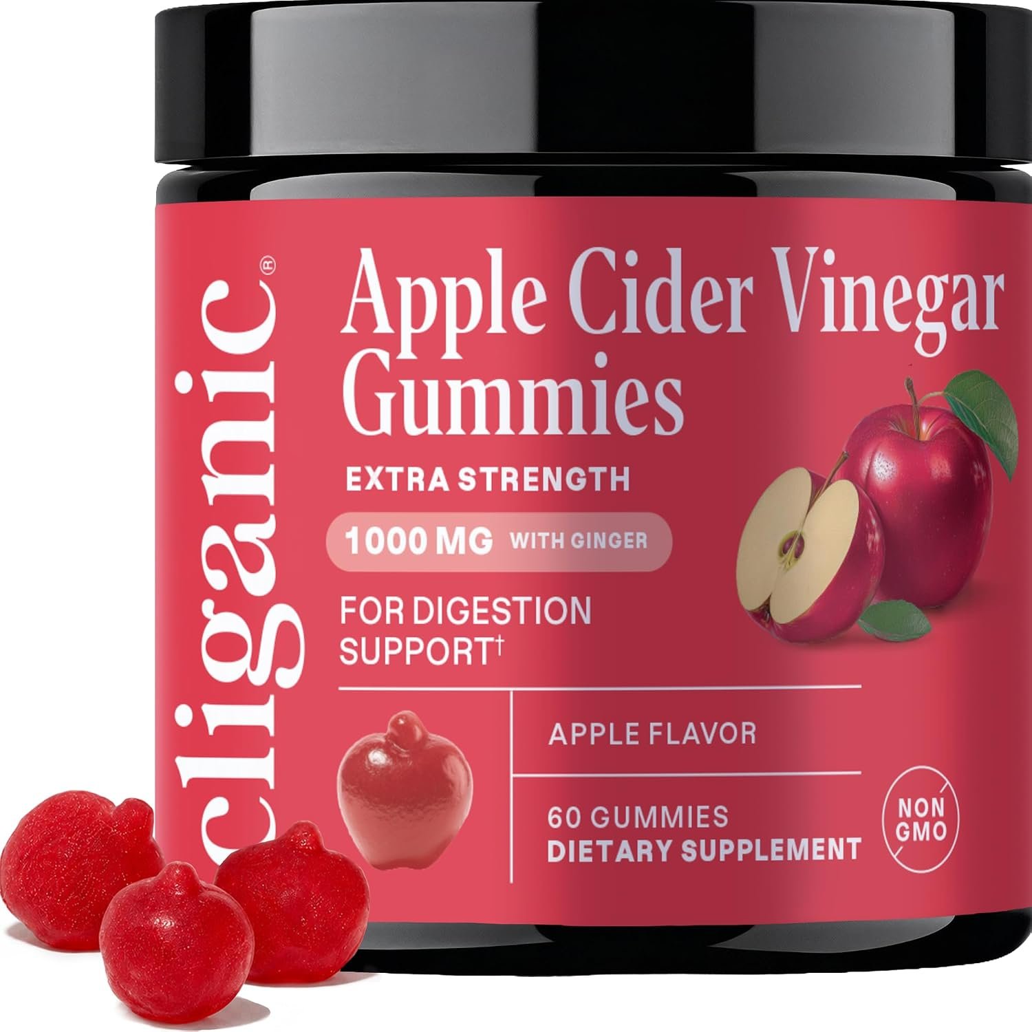 Cliganic Apple Cider Vinegar + Ginger Gummies – 1000 mg per Serving, Apple Flavor ACV Supplement for Women & Men, Non-GMO, Supports Digestion, Detox & Healthy Metabolism, 60 Count
