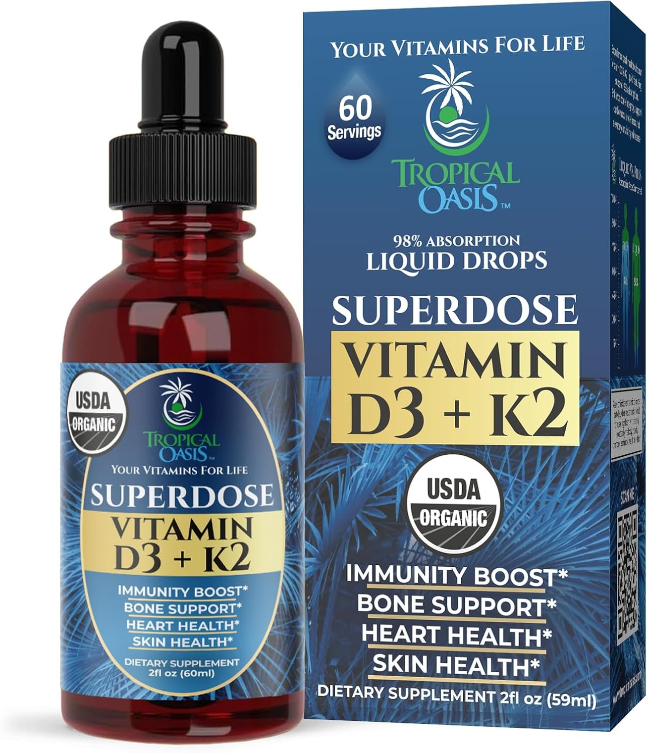 USDA Organic Liquid Vitamin D3 K2 Drops for Adults | Superdose 8000IU Pure Vitamin D3 | 60 Serv | Vitamin D K2 Supplement for Immune Support & Bone Health | 98% Absorption | Vegan, Non-GMO | 2 Fl Oz