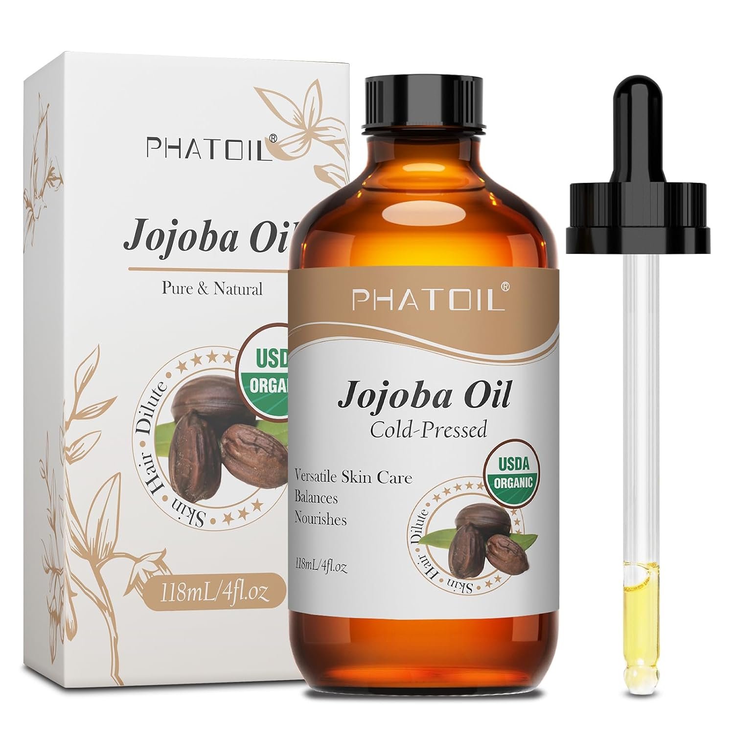 PHATOIL Organic Jojoba Oil for Face, Skin, Hair, Nails, USDA 4 oz
