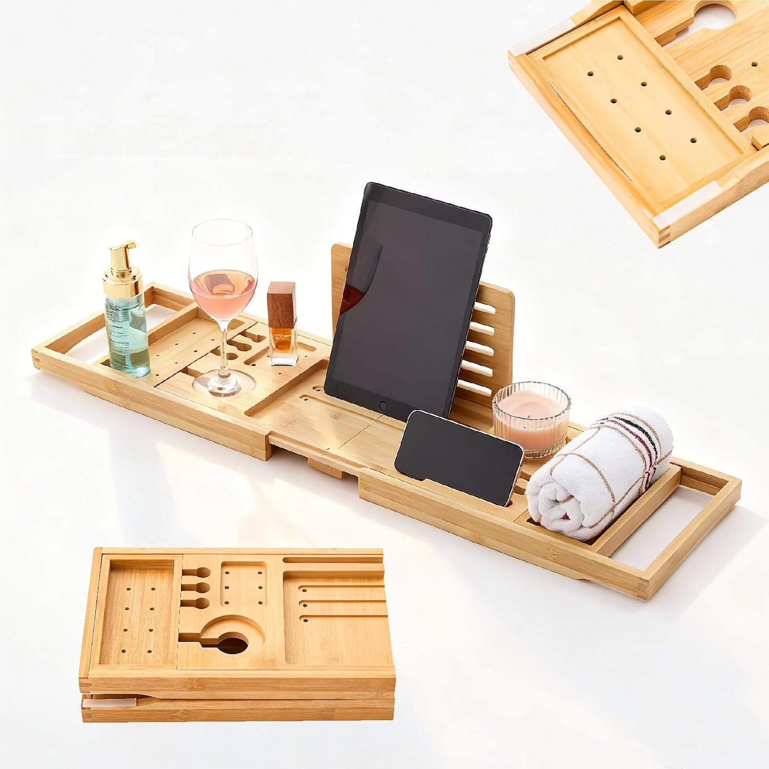 Bamboo Bathtub Tray, Expandable Foldable Bath Caddy, Natural