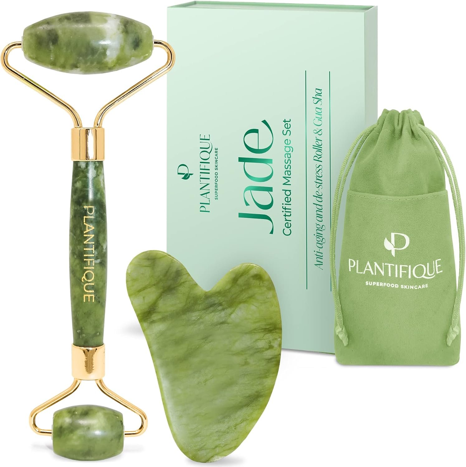 PLANTIFIQUE Jade Gua Sha Facial Tool & Face Roller Set – Giftable Box