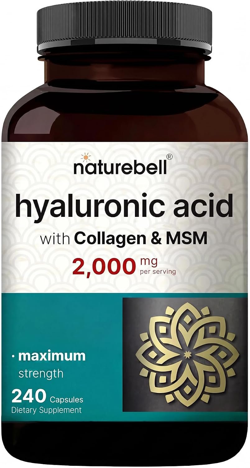 NatureBell Hyaluronic Acid 2,000mg with Collagen & MSM – 240 Capsules – Skin Hydration, Hair, Nail & Joint Support – Water Soluble Formula for Easy Absorption* – Non-GMO & Gluten-Free