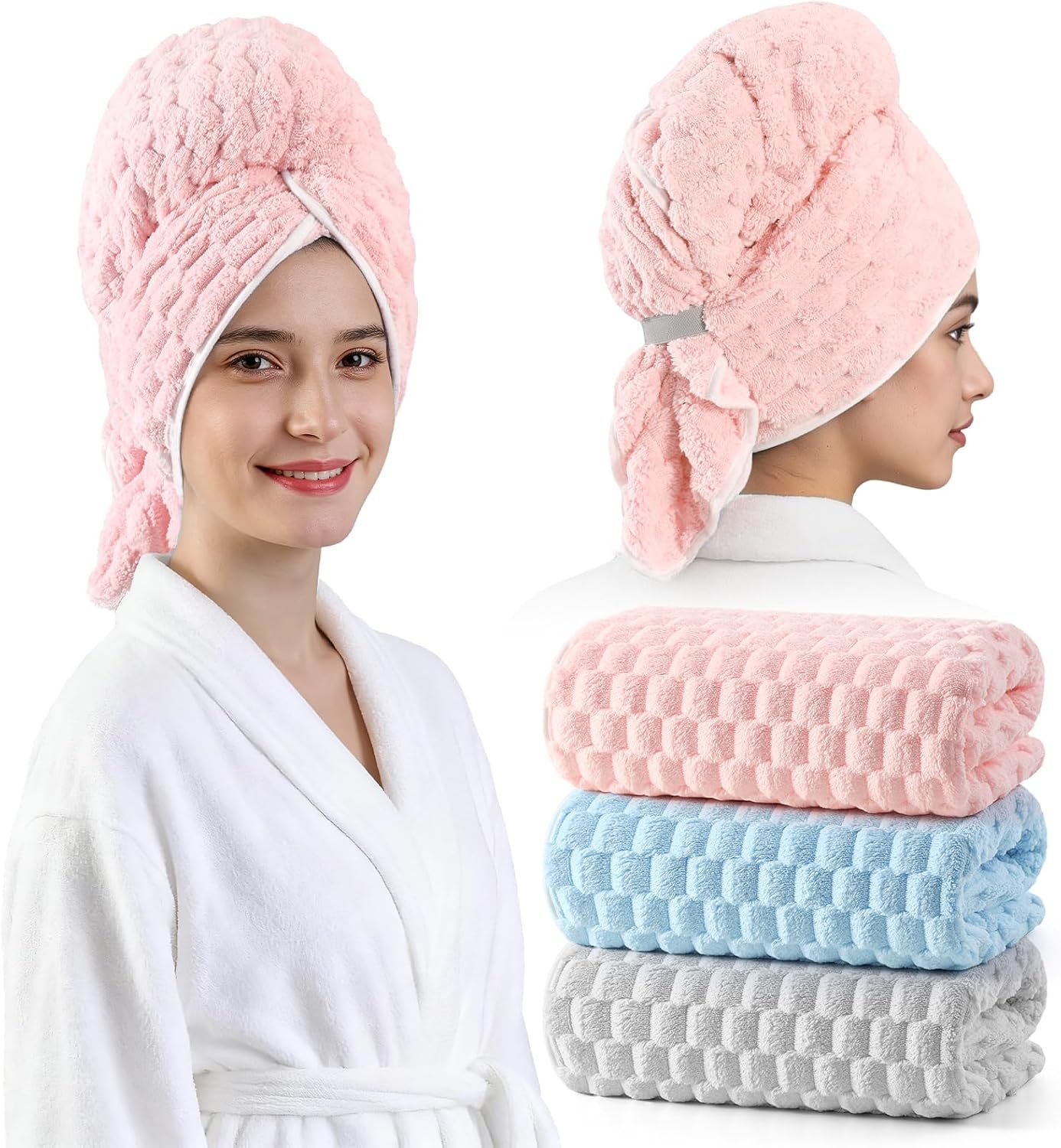 REDKISS 3 Pack Microfiber Hair Towels – Extra Large Hair Towel Wrap for Women, 24×42 inch Hair Towels with Elastic Strap, Super Soft Hair Drying Towels for Long, Thick, Curly Anti Frizz Turbans