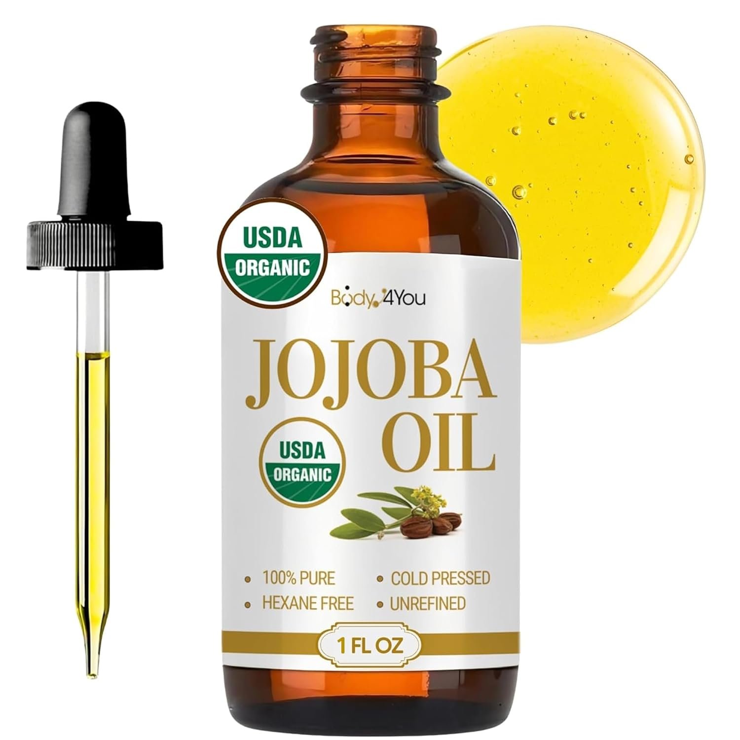 BodyJ4You Organic Golden Jojoba Oil – USDA 100% Pure Cold Pressed Unrefined