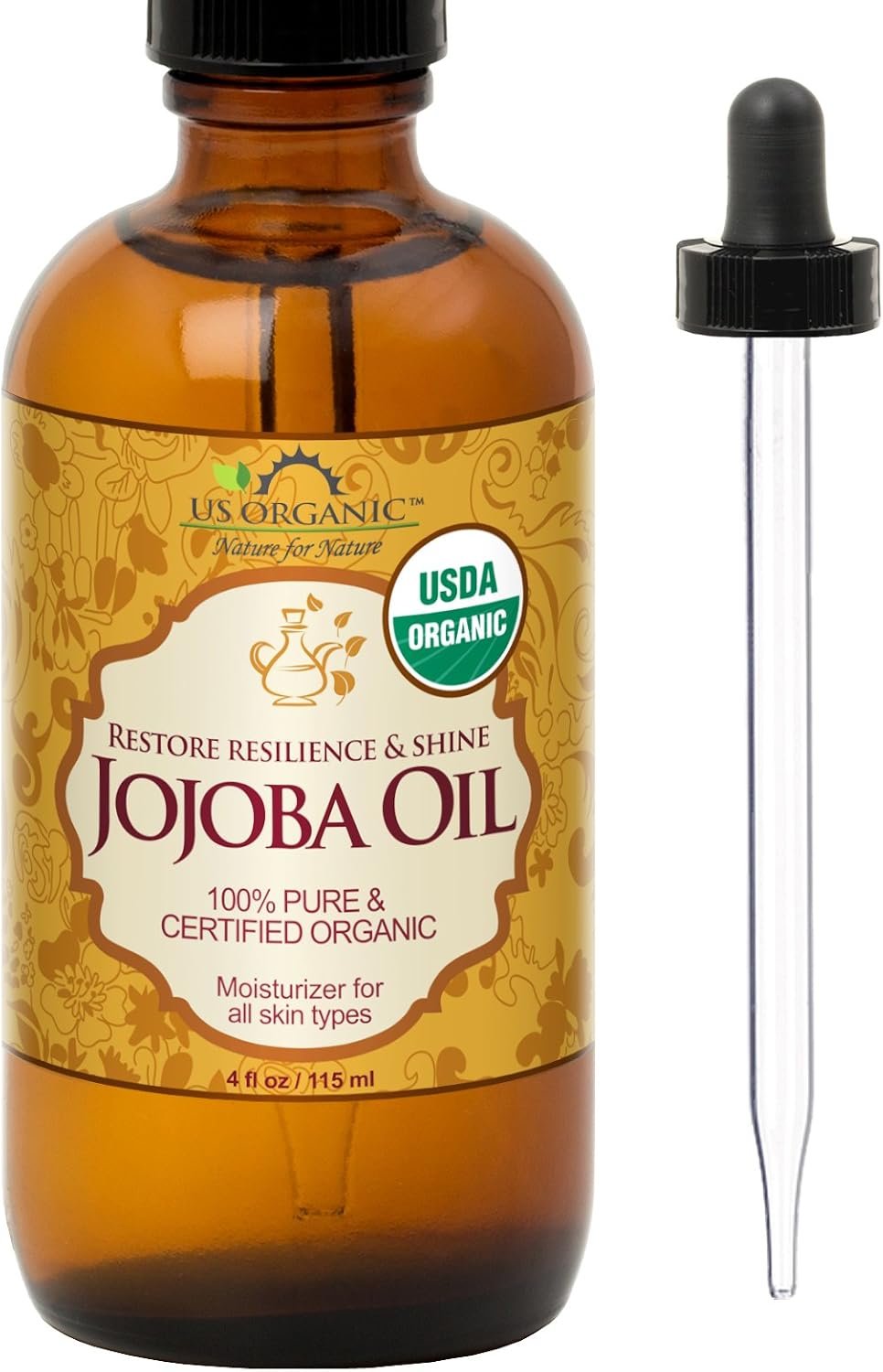 US Organic Jojoba Oil, USDA Certified Organic,100% Pure & Natural, Cold Pressed Virgin, Unrefined, Haxane Free, Sourced from Middle East Directly (Medium (4oz, 115ml))