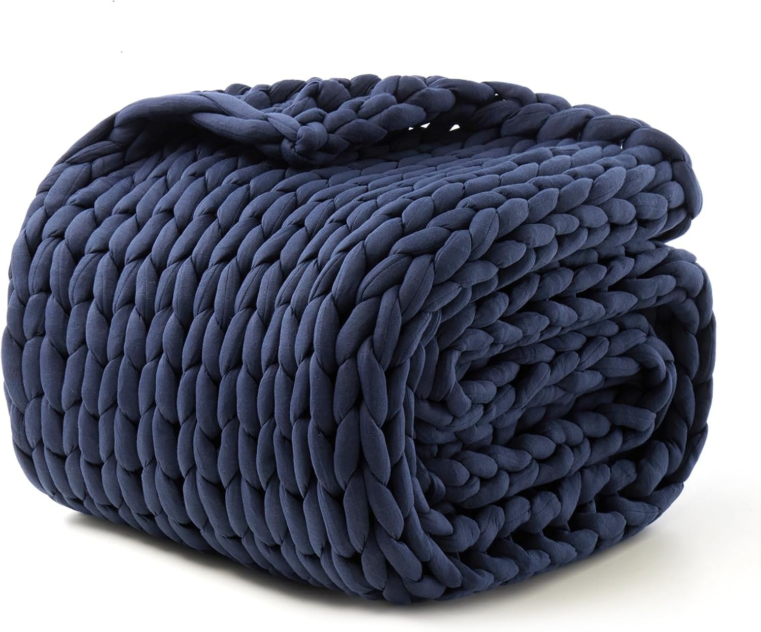 Hand-Knit Weighted Blanket for Adults, Christmas & Birthday Gifts for Women, Chunky Knit Blanket, Cooling, Breathable, Sustainable, Machine Washable, Organic Cotton, Blue, 48″*72″, 12lbs