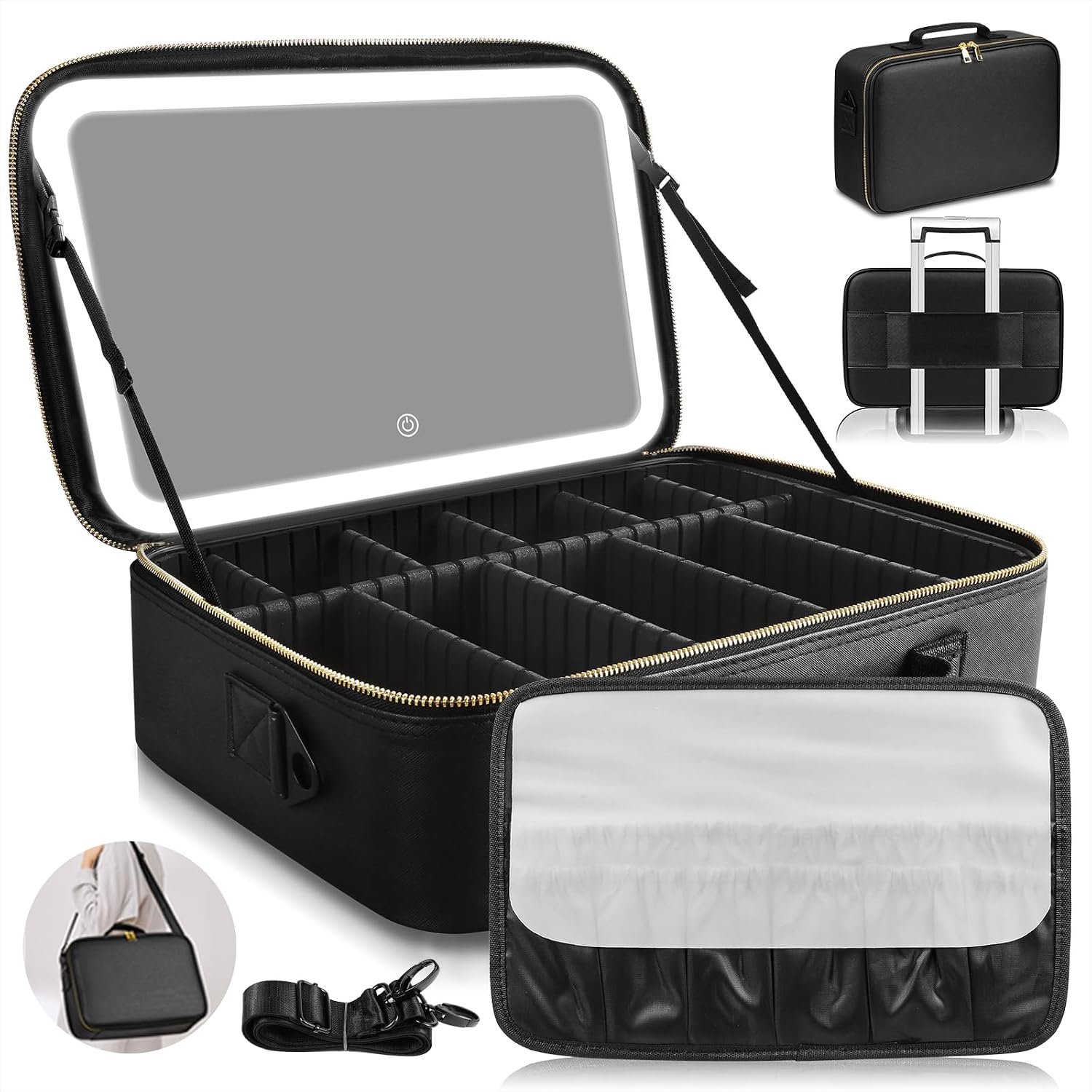 15”X11” Large Capacity Makeup Bag with LED Mirror, Professional Makeup Case Organizer with 3 Color Light Adjustable Brightness, Travel Make up Cosmetic Case with Detachable Dividers & Shoulder Strap