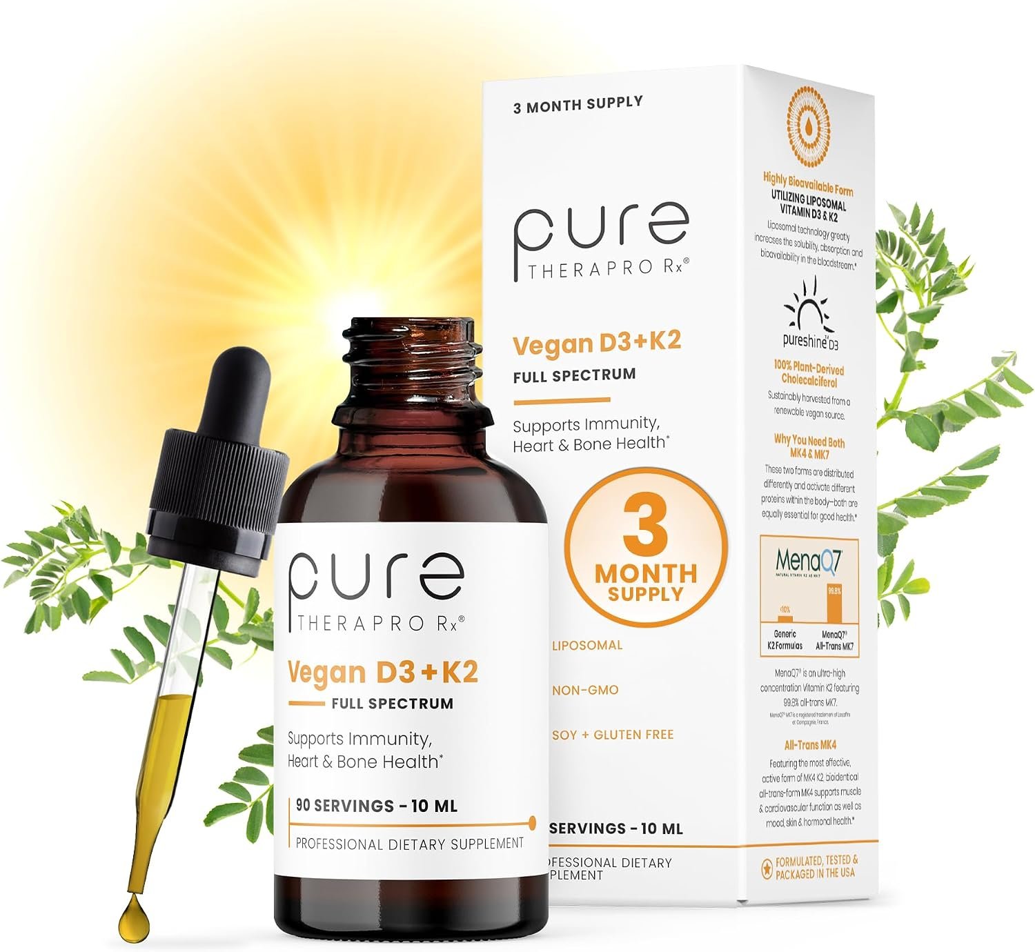 Pure Therapro Rx Vegan D3 + K2, Bone & Heart Health, 5000 IU, 90 Servings