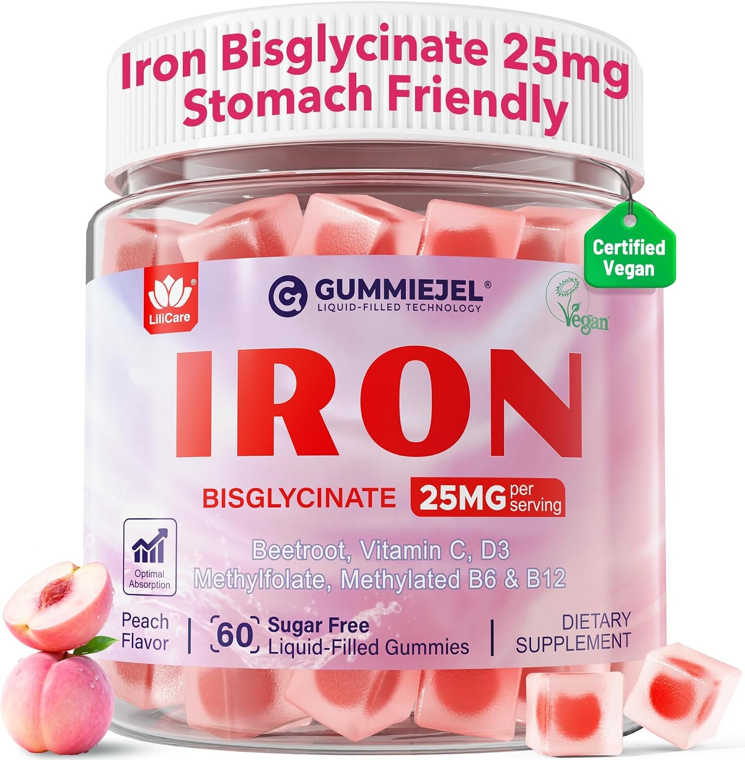 Iron Gummies for Women 25mg for Iron Deficiency, No Constipating, 60 Cts