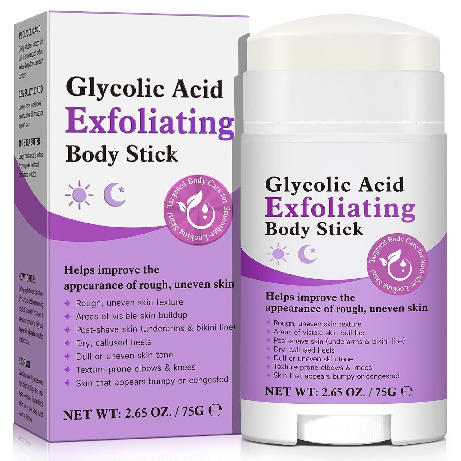 Glycolic Acid Exfoliating Body Stick with 7% AHA & 0.5% BHA – Solid Body Exfoliator for Rough & Bumpy Skin, KP, Dark Spots – No Mess, No Rinse – With Shea Butter