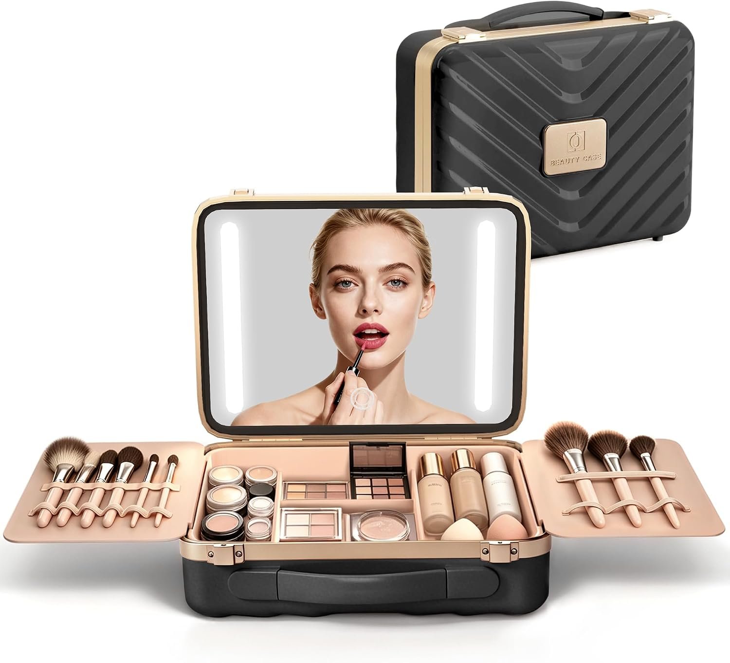 EASYINBEAUTY Makeup Travel Case with LED Lighted Mirror, Black