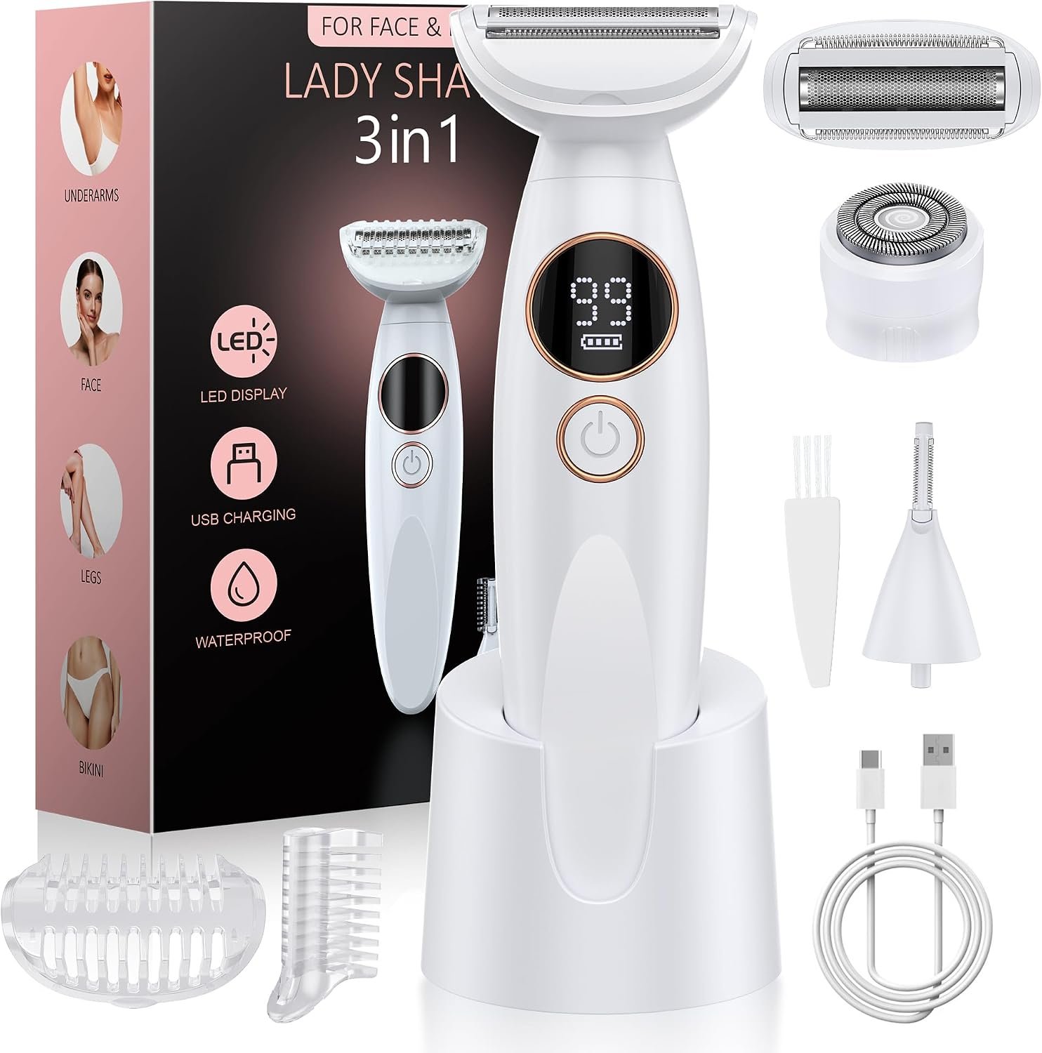 3 in 1 Bikini Trimmer for Women, Electric Razors for Women with Display, Painless Bikini Trimmer, USB Charging, Electric Shaver for Woman,Shaver for Woman for Face, IPX7 Waterproof,White