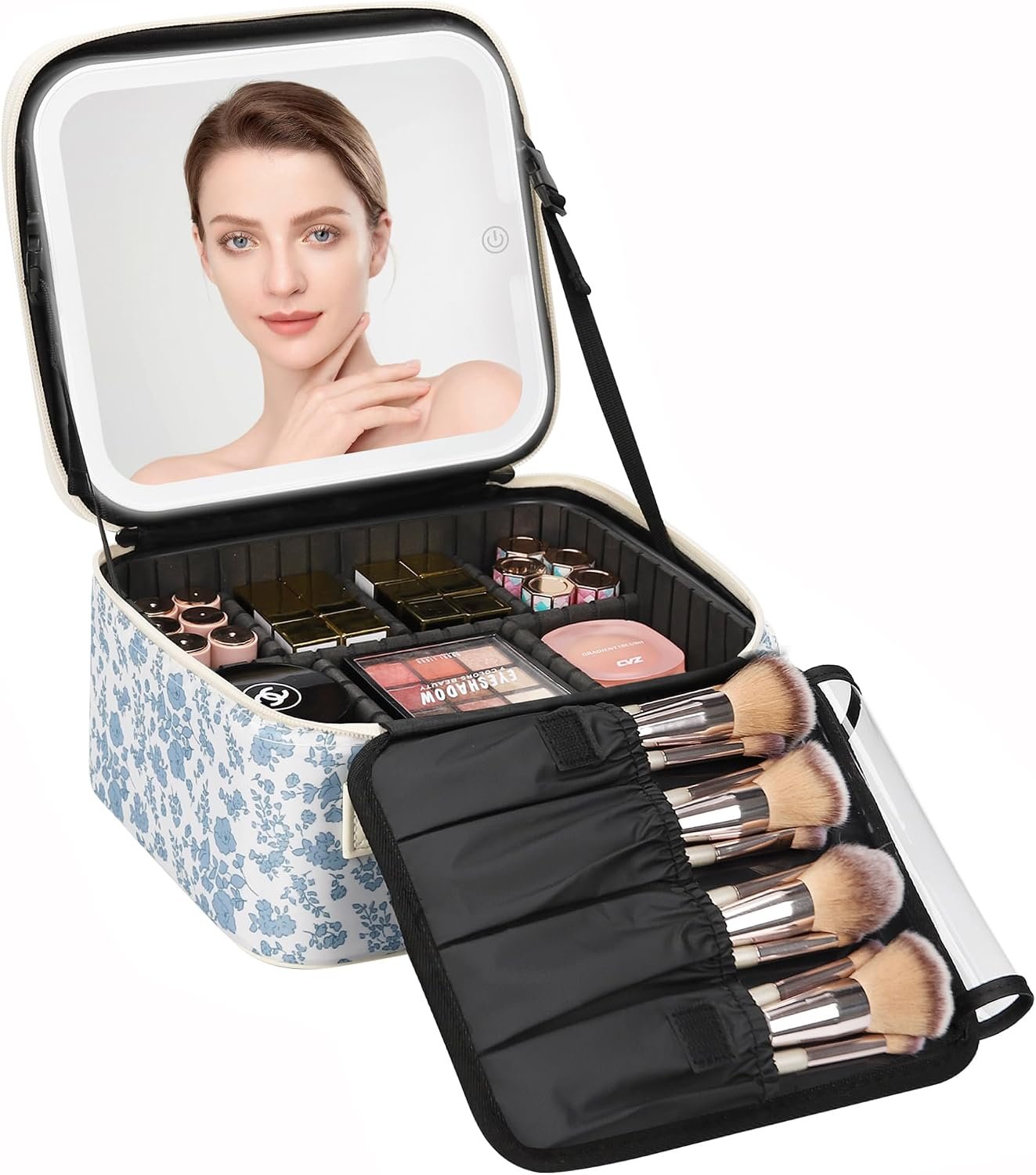 Relavel Travel Makeup Bag with LED Mirror, Floral Train Case with Dividers