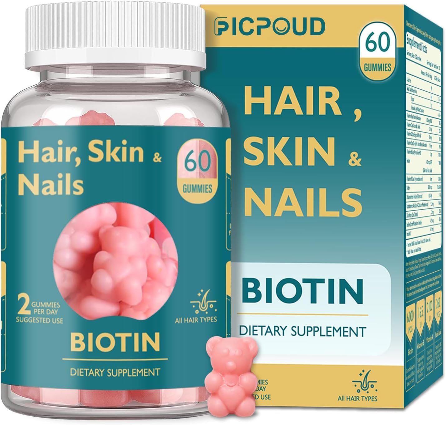 Hair Skin and Nails Gummies, Biotin Vitamins for Women & Men, 60 Ct