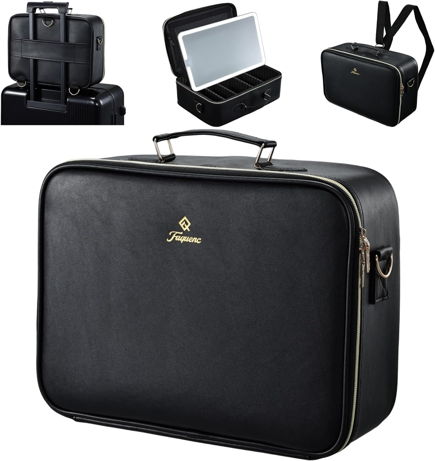 Faquenc Large Makeup Bag with LED Mirror,15”Cosmetic Train Case for Makeup Artists,Travel Makeup Organizer Case w Divider Rechargeable Vanity Mirror with 3 Color Lights for Barber,MUA,Nail Tech, Black