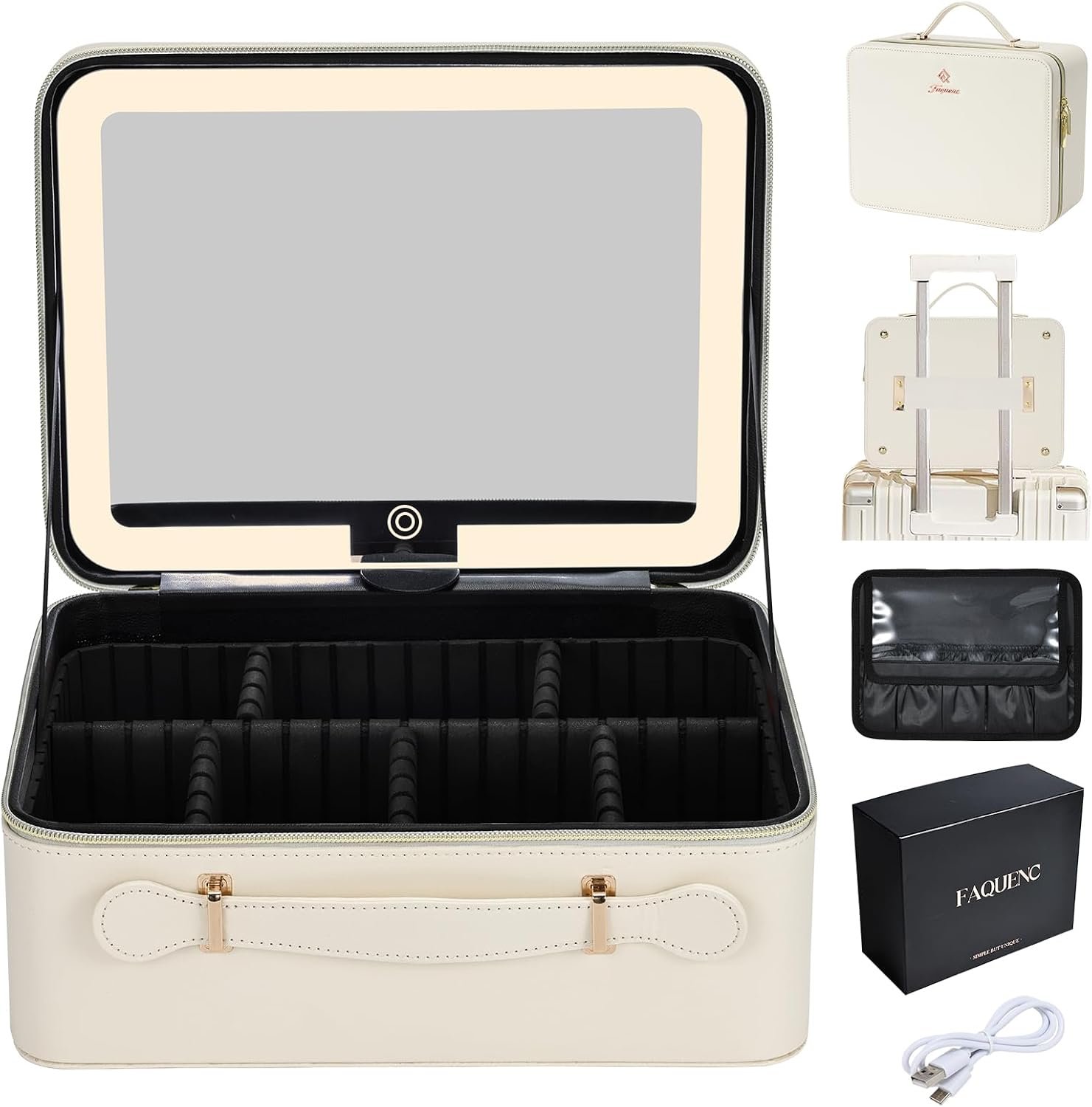 Faquenc Leather Makeup Case with LED Lighted Mirror 11.4 Inch Travel Makeup Bag Adjustable Brightness in 3 Colors Cosmetic Organizer Artist Storage Bag with Dividers Brush Holder Bag Vanity White