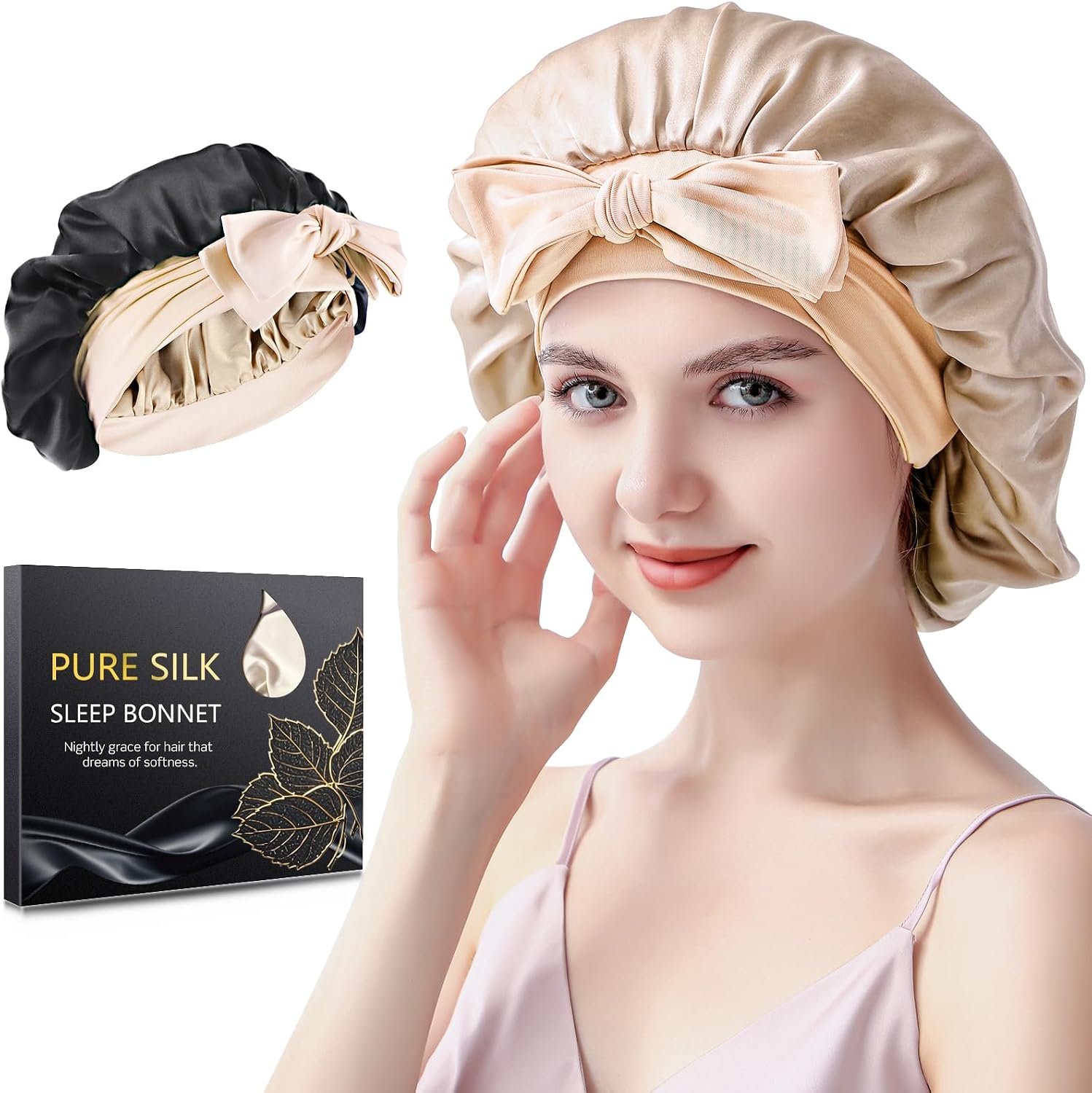 Silk Bonnet for Sleeping Women, 22 Momme 100% Mulberry Silk Bonnet, Reversible Adjustable Bonnet for Curly & Natural Hair – Champagne